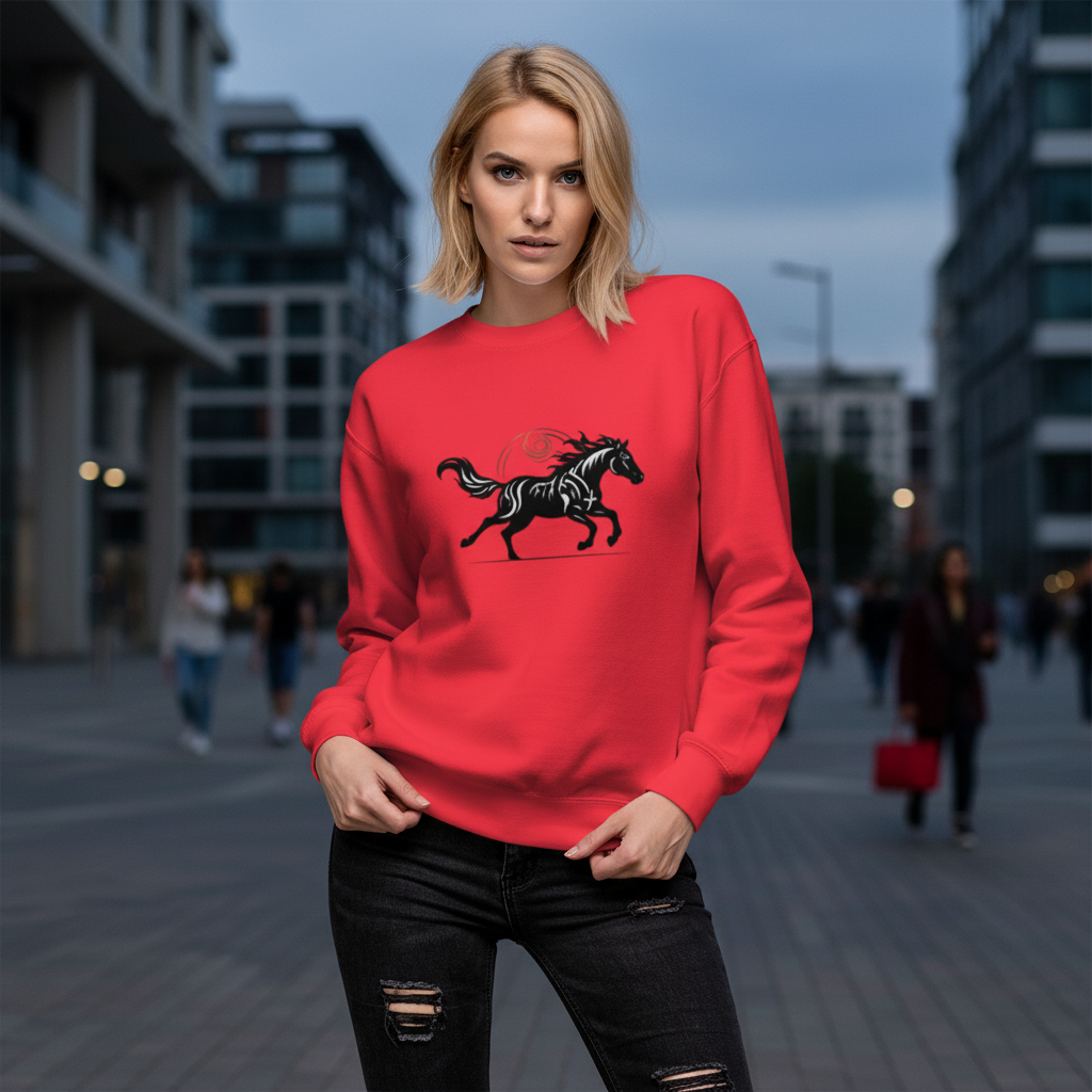 Team red premium sweatshirt with Wild Horse design - Bold contemporary streetwear with black running horse graphic