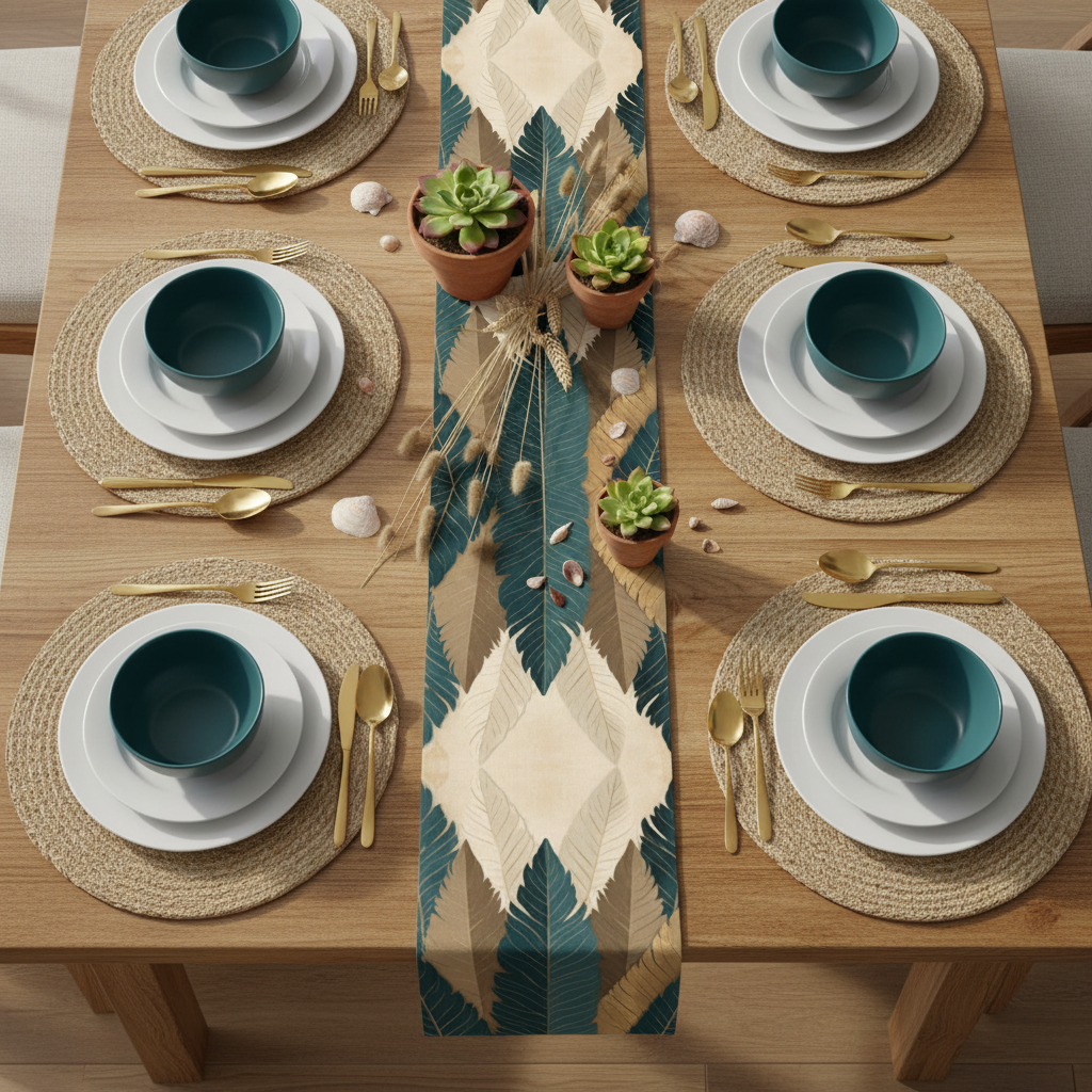Top view of elegant table with botanical runner and coordinated teal and beige accessories