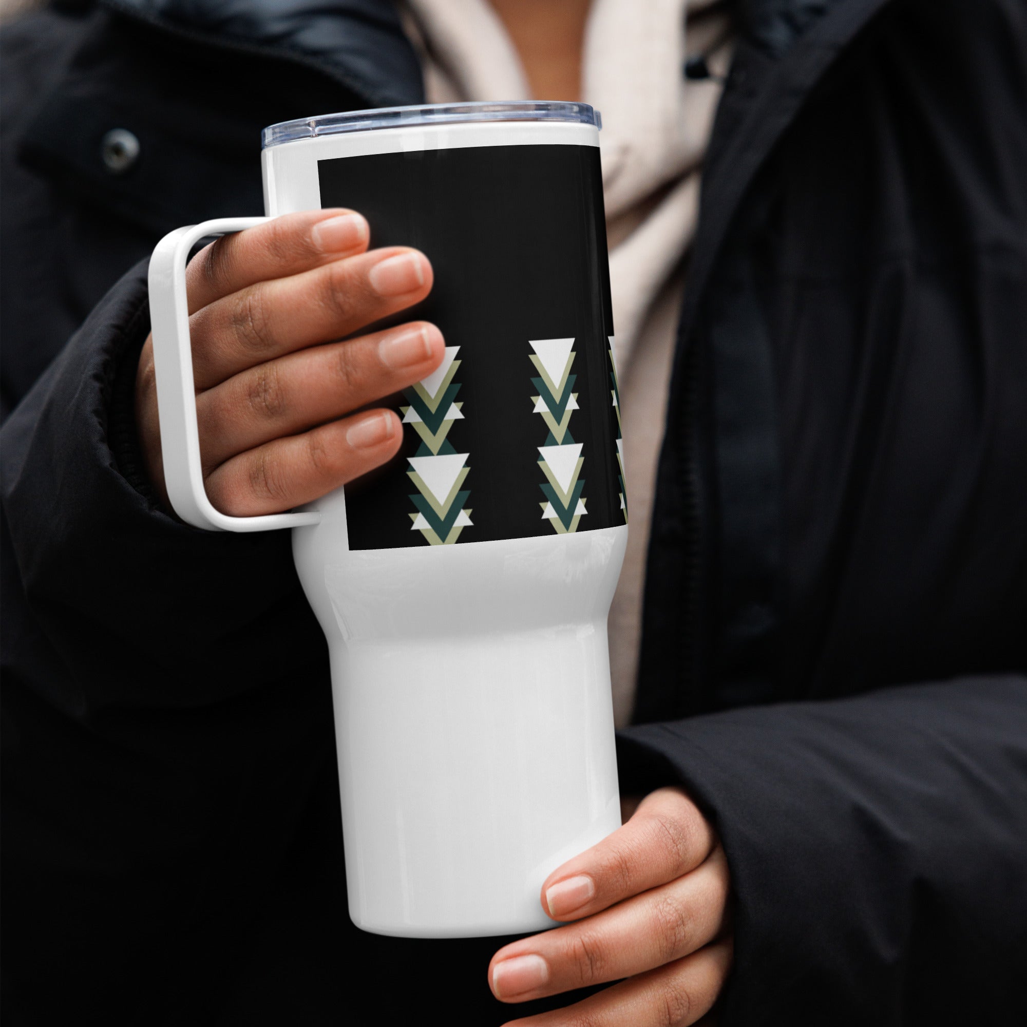 Travel Mug with Handle Triangle - Geometric Pattern Coffee Cup