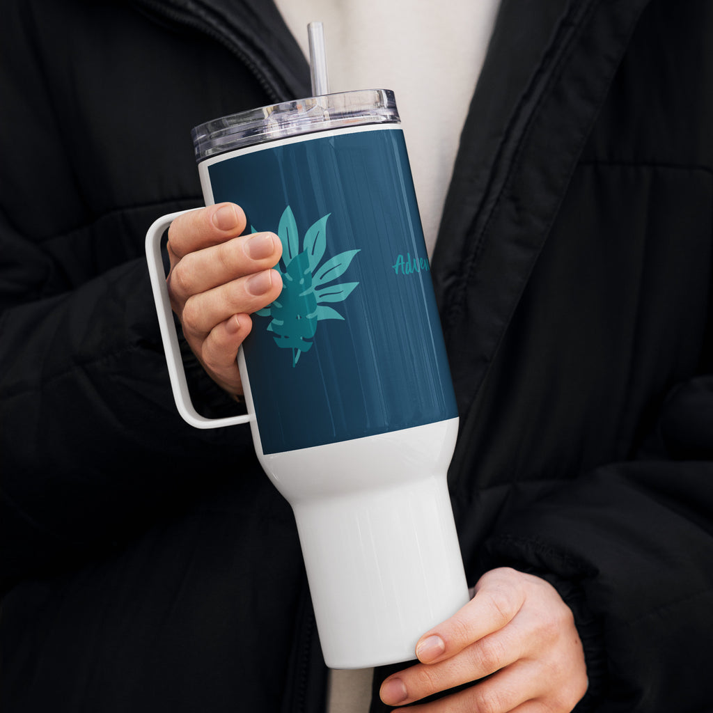  Teal Flowers Travel mug with a handle 
