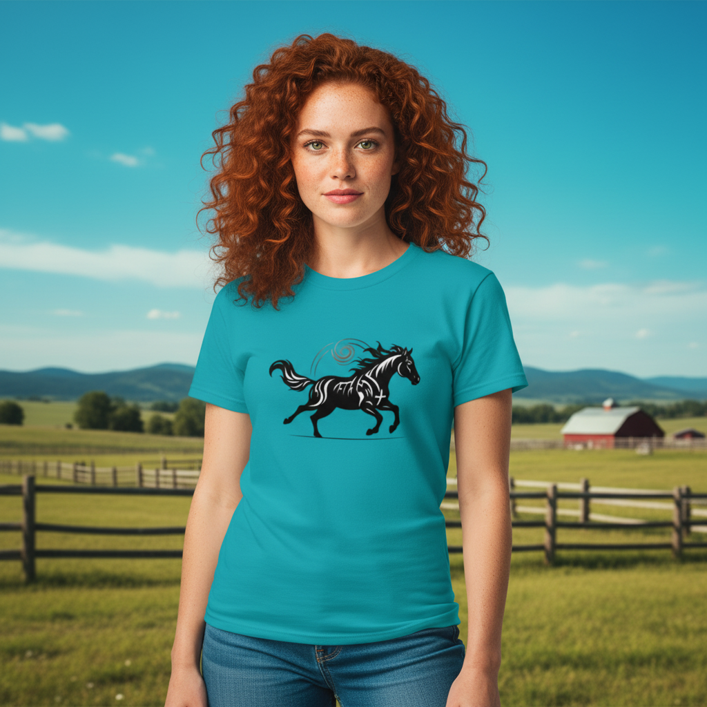 Stylish woman in tropical blue Wild Horse tee with running horse design - Premium nature-inspired apparel for adventurous souls