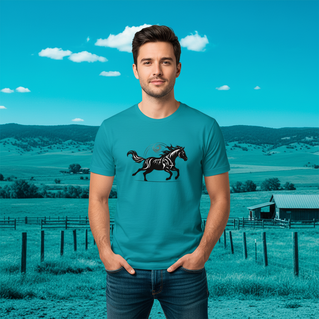 Stylish man in tropical blue Wild Horse tee with running horse design - Premium outdoor lifestyle apparel