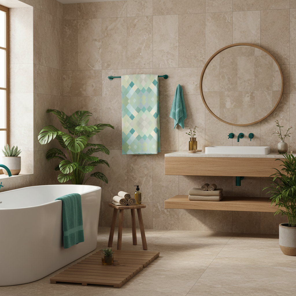 Turquoise cream geometric beach towel displayed in natural spa bathroom wooden elements beige stone turquoise accents organic design