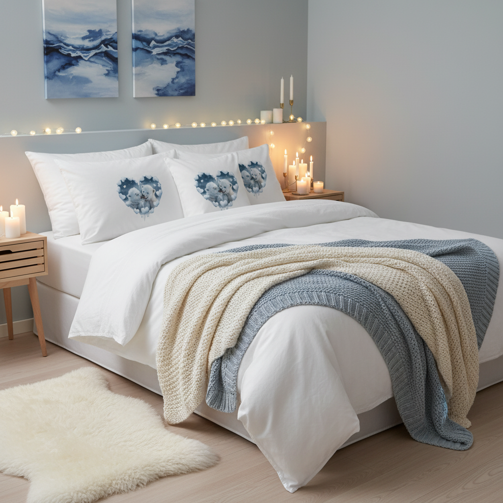 Ultra-cozy hygge bedroom with white bedding, polar bear heart pillows, chunky knit blankets and candles in peaceful Scandinavian arctic style