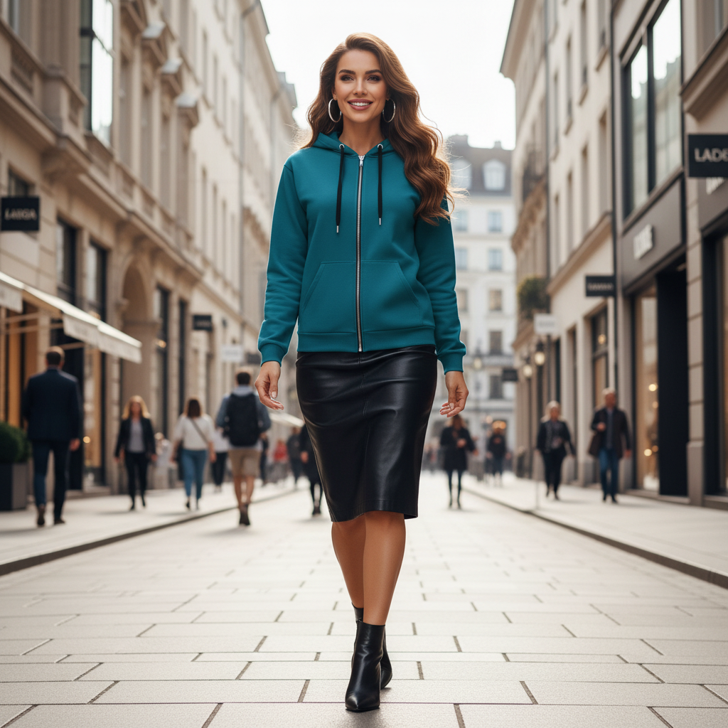 Vibrant woman in teal zip hoodie with black leather pencil skirt