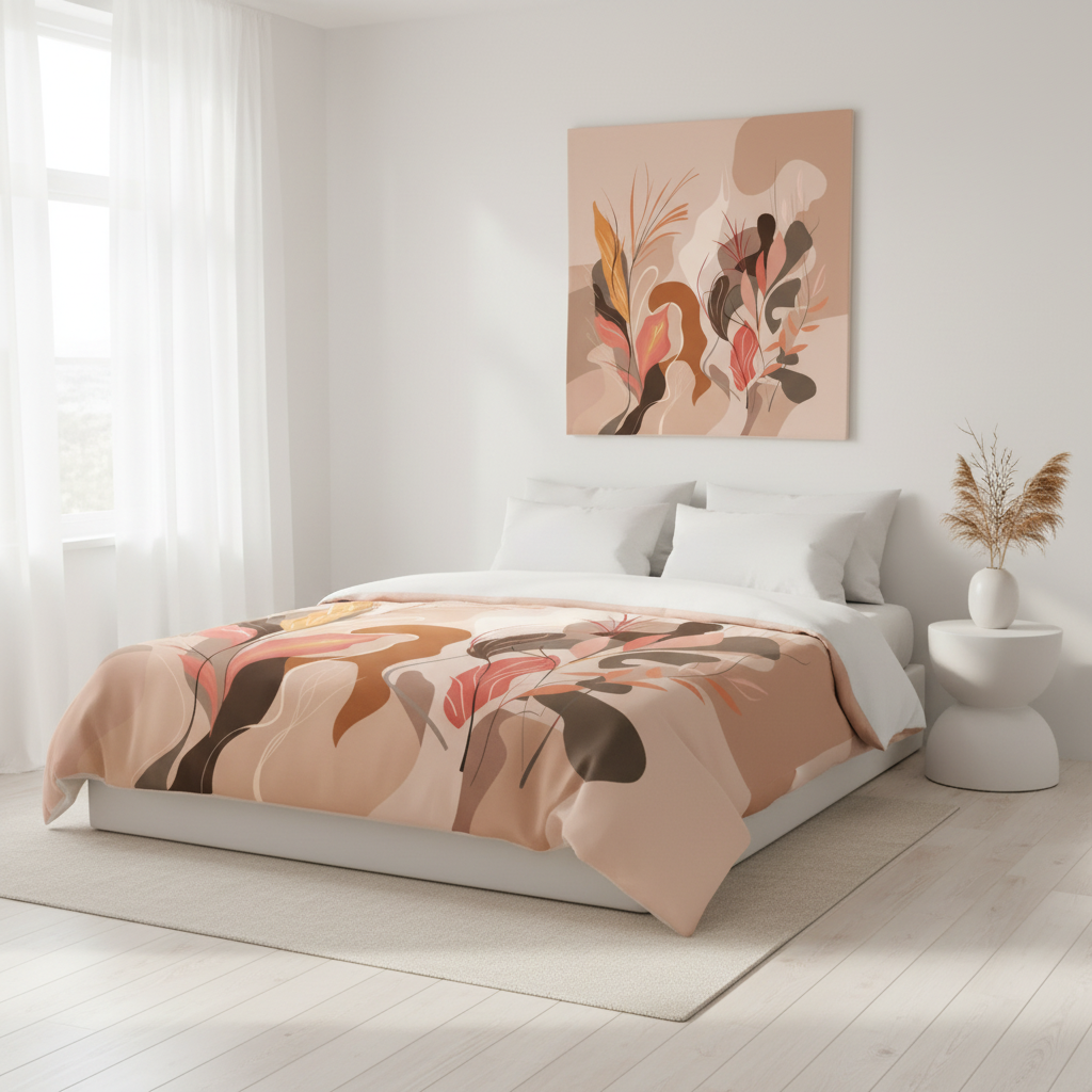 Airy white bedroom with bohemian abstract bedding, pampas grass decor and abstract artwork in coordinating colors