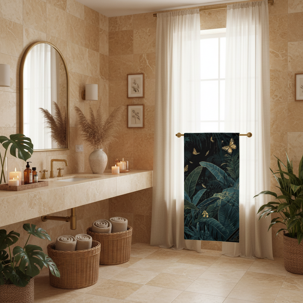 Warm beige spa bathroom with botanical towel and wellness decor