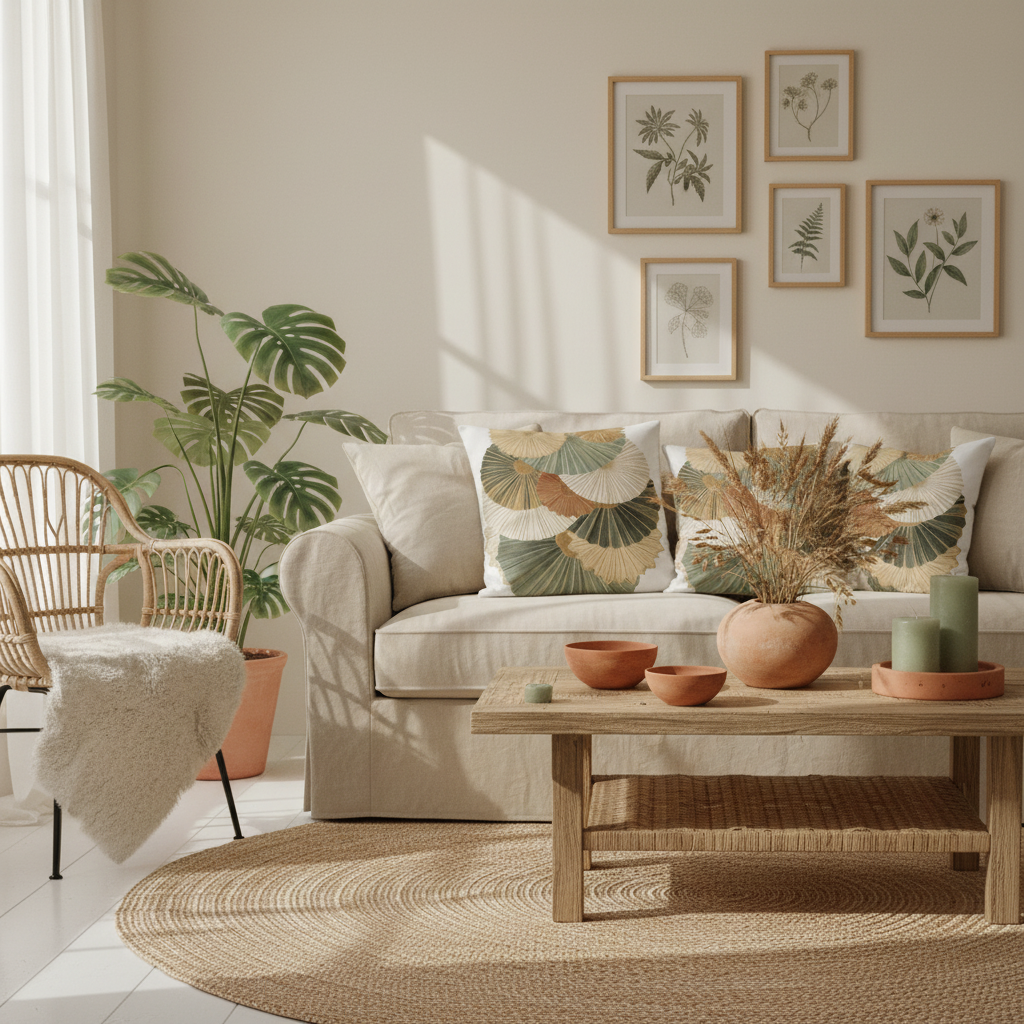 Warm bohemian living room with Botanical Fan pillows
