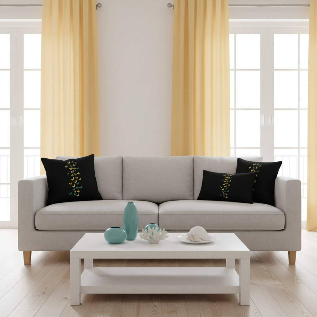Warm coastal living room with gray sofa, butterfly print pillows and yellow curtains