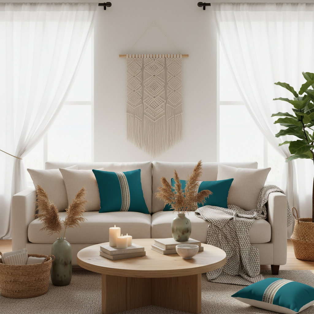 Warm coastal living room with rich styling