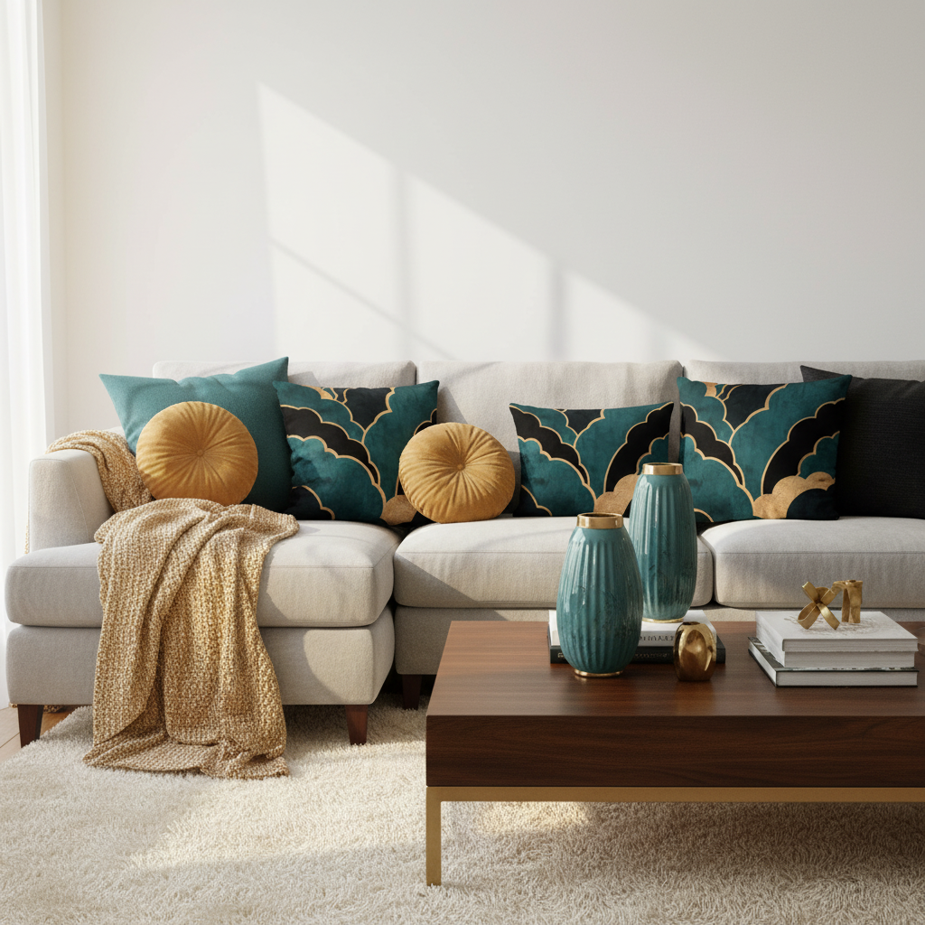 Warm coastal luxury living room with multiple geometric pillows, teal vases and brass decor