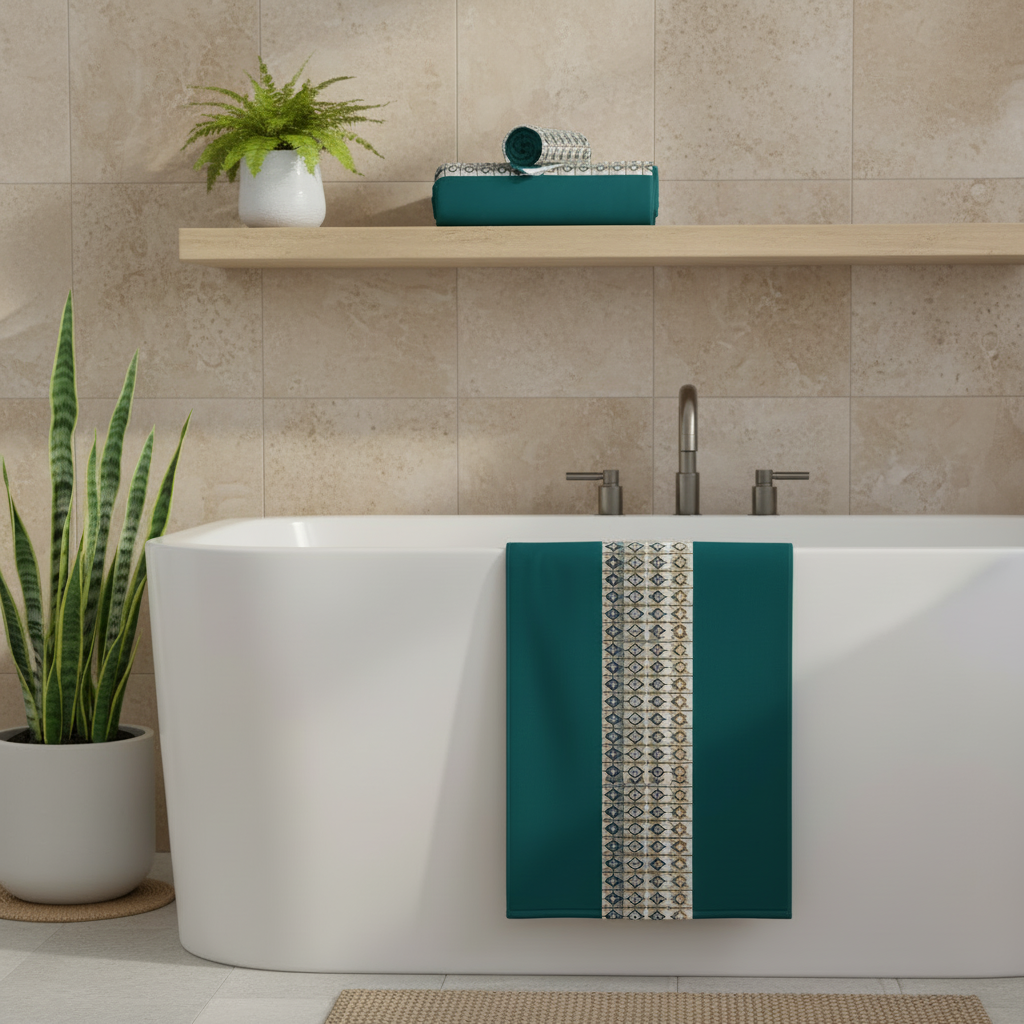 Warm neutral bathroom with teal geometric towel displayed