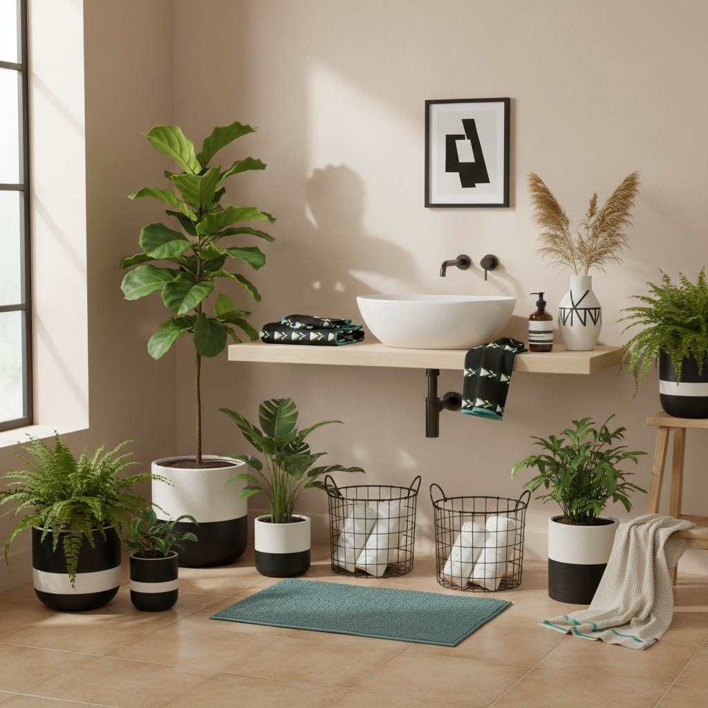 Warm neutral bathroom with triangle towel and tropical plants