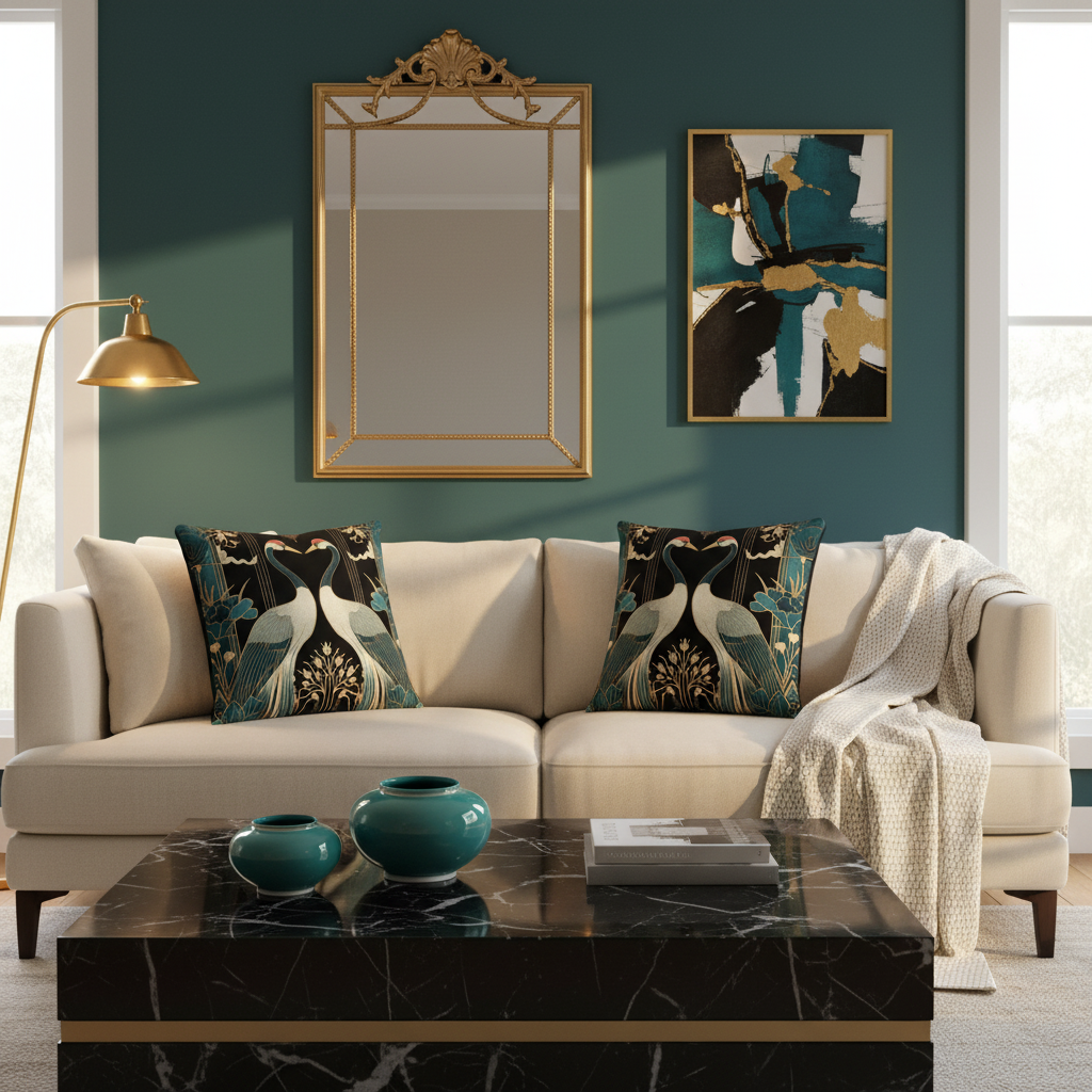 Cozy living room close-up with elegant crane pattern pillows in teal and gold on white sofa, coastal artwork and pampas grass

