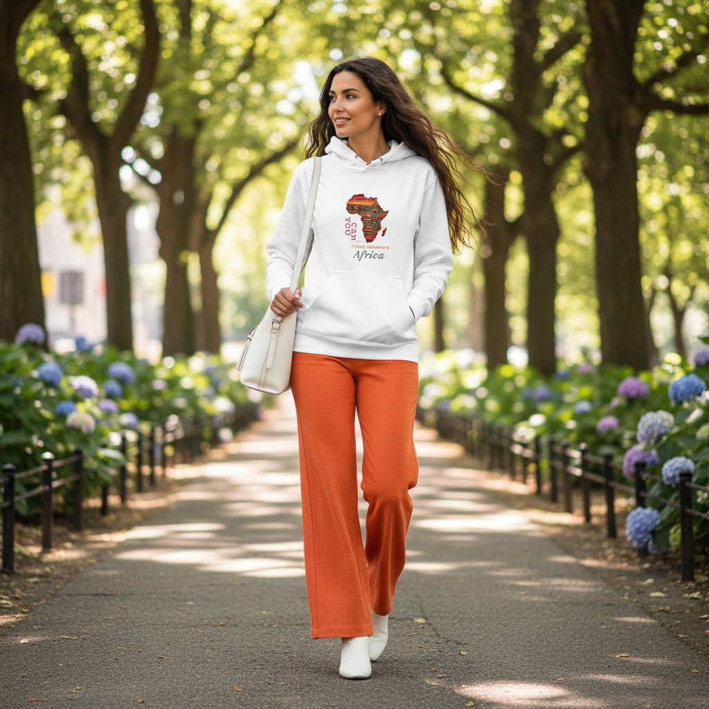 White Africa hoodie orange wide-leg trousers white boots bag bohemian
