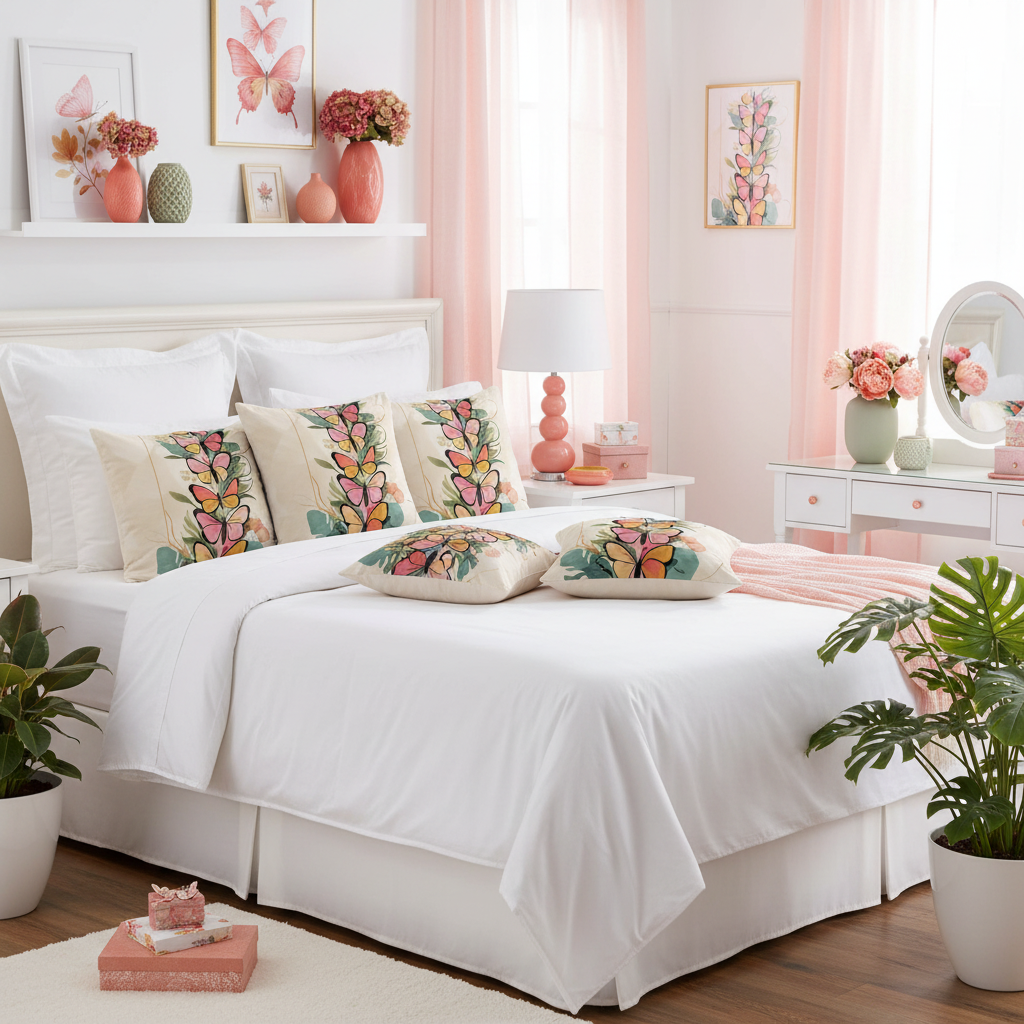 White bedroom featuring layered butterfly pillows with pink curtains and botanical artwork
