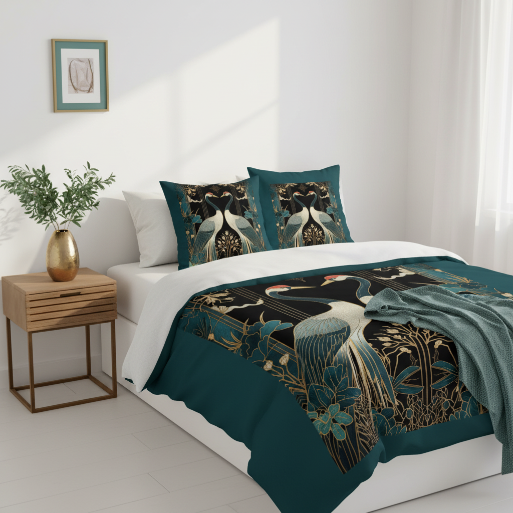 White bedroom from above with crane birds bedding and teal gold decor