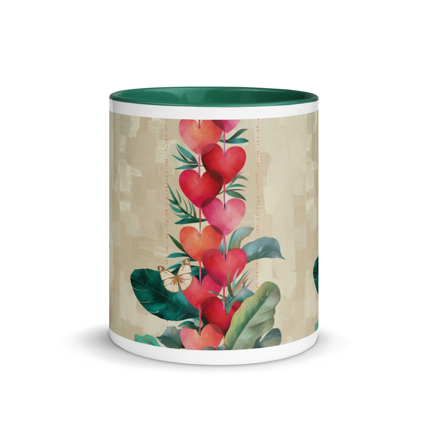 White ceramic mug with hearts pattern and dark green colored inside