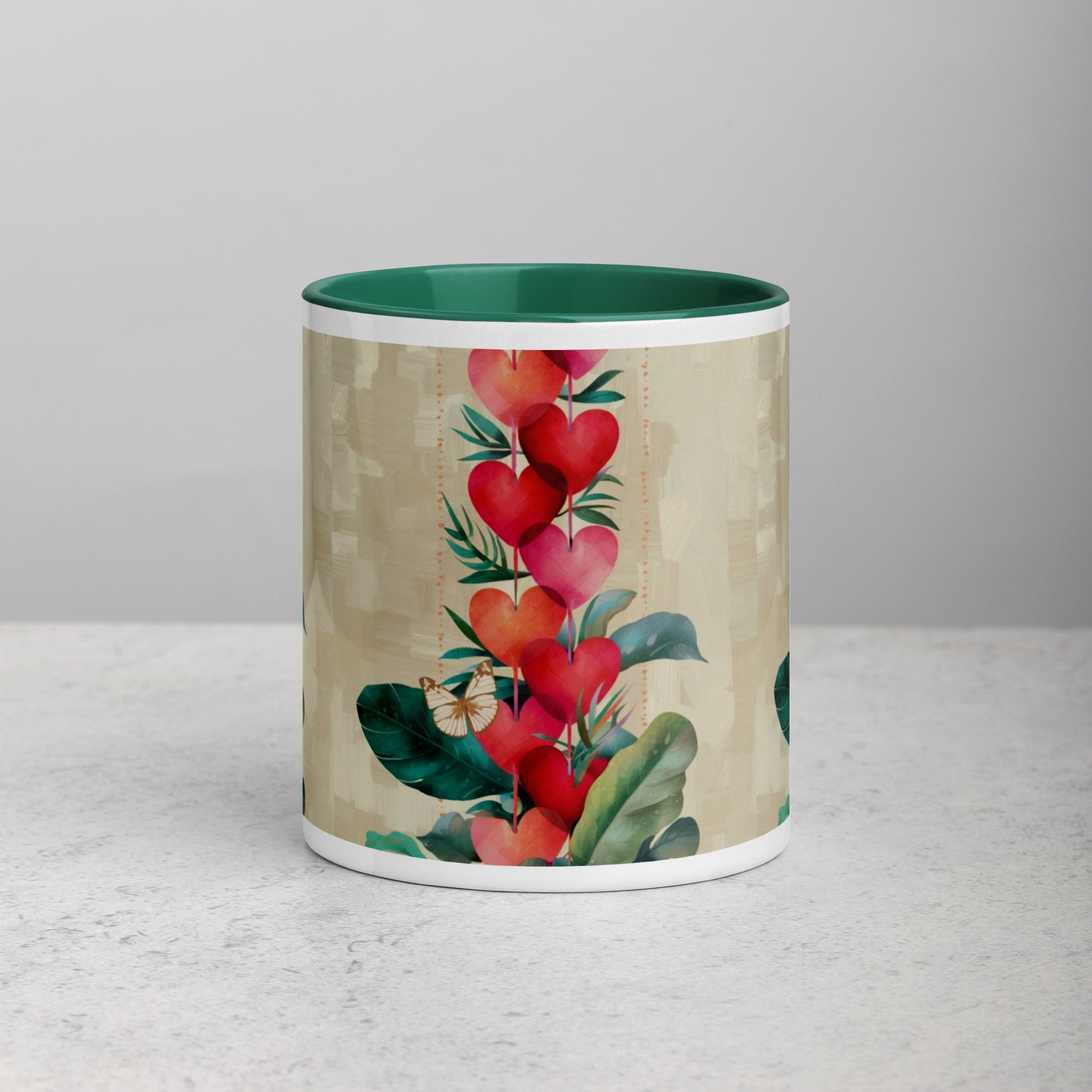 Hearts pattern mug with dark green interior 