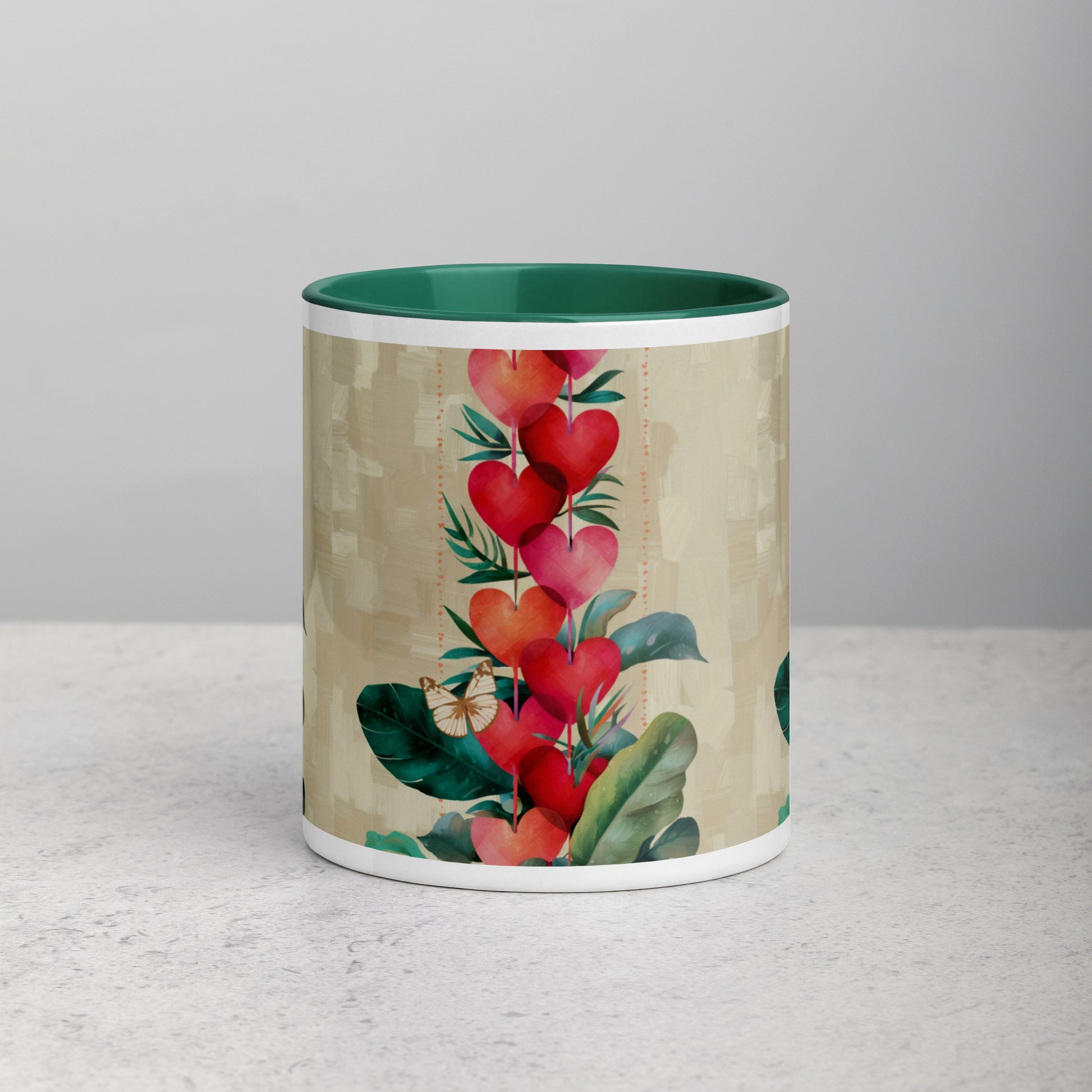 Hearts pattern mug with dark green interior 