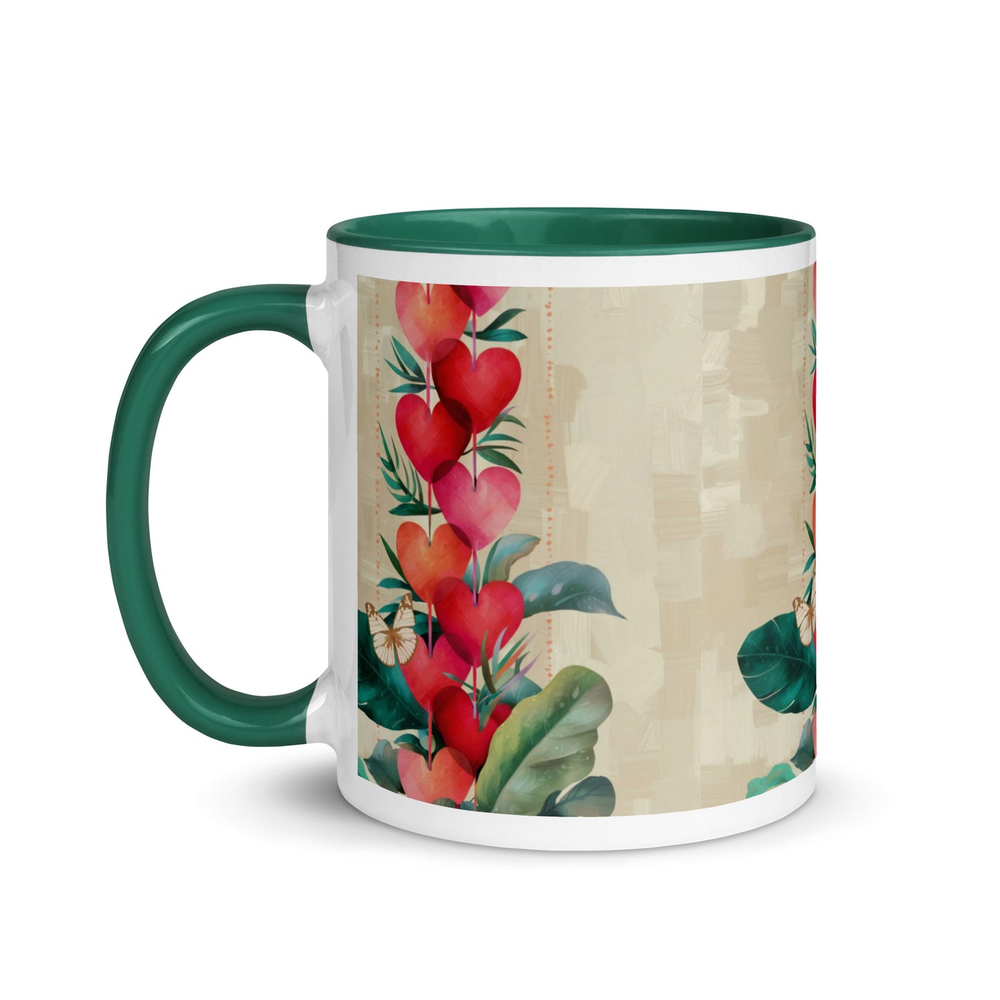 Hearts mug with dark green interior and handle - side view