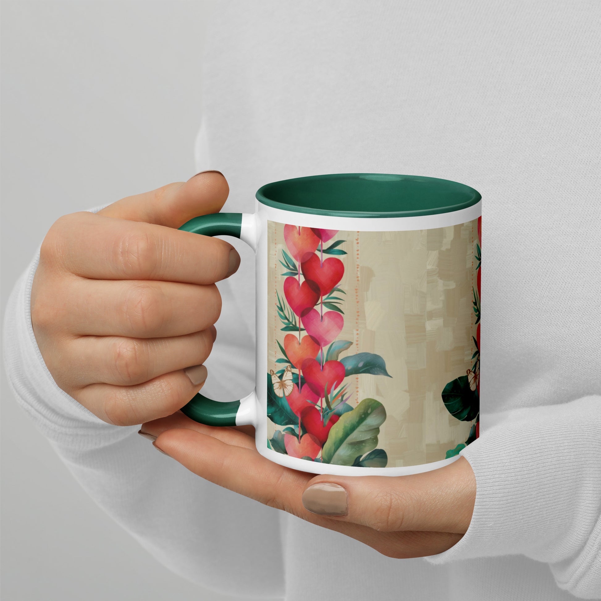 Hearts pattern mug with dark green interior 