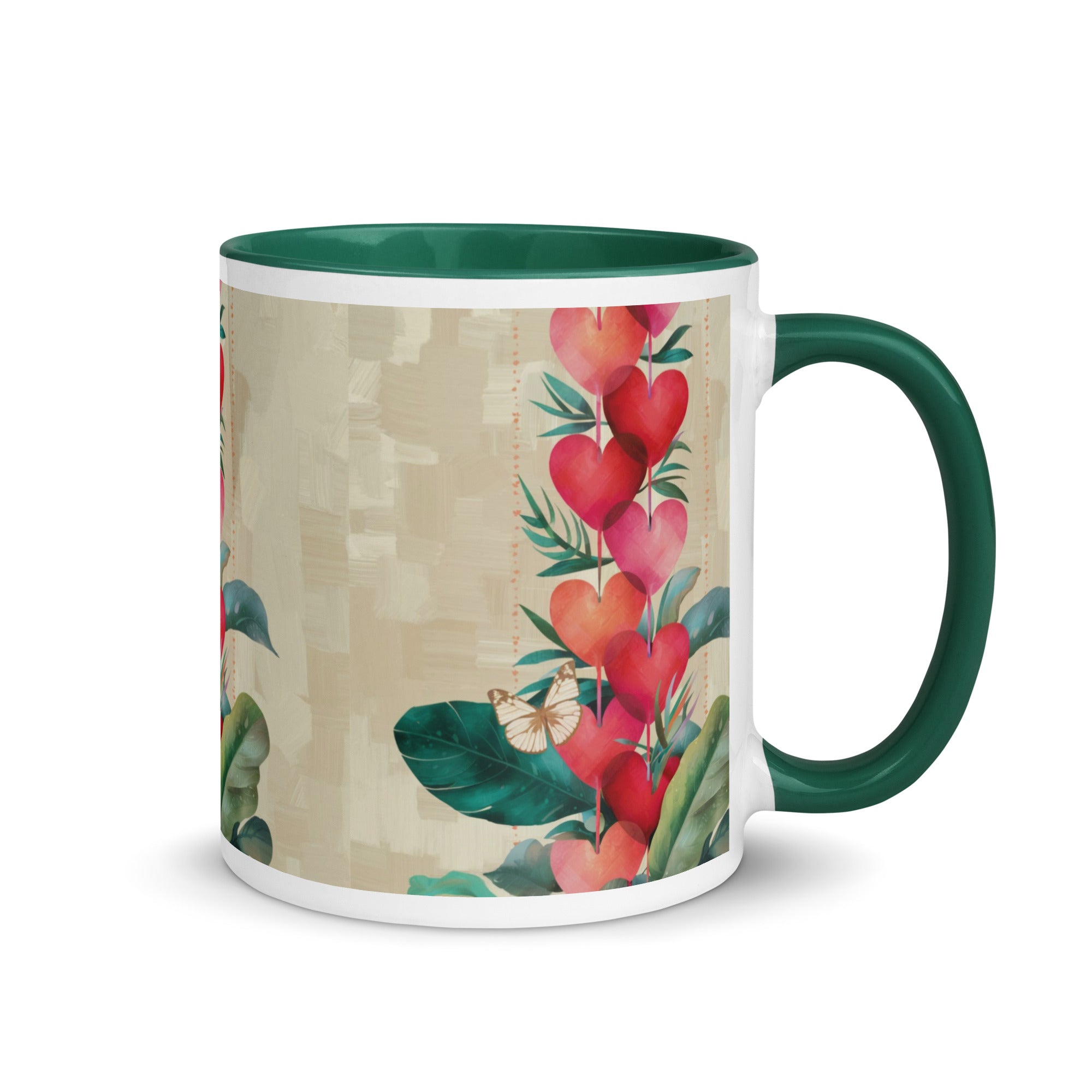 Hearts pattern mug with dark green interior - right side view