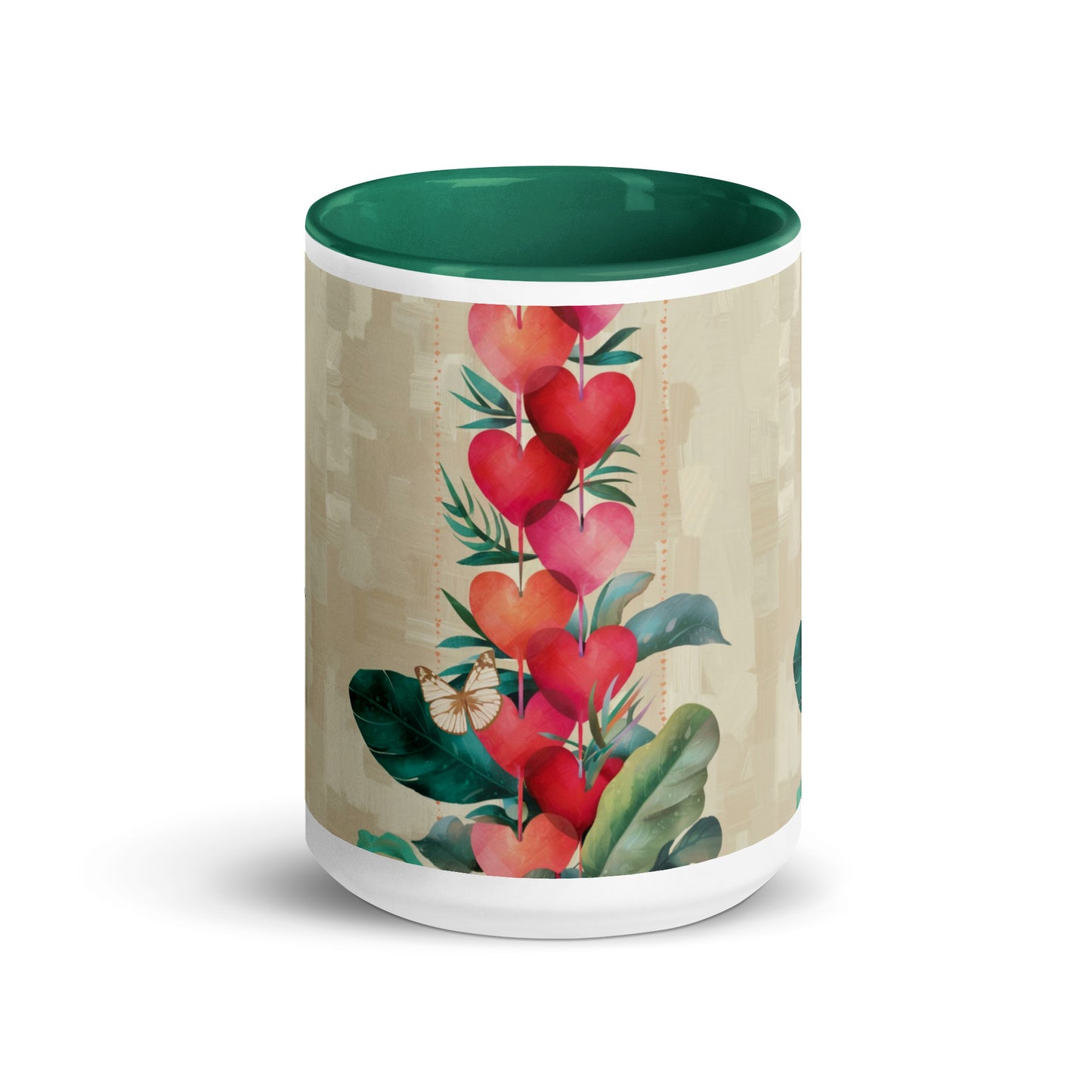 Large 15 oz hearts mug with dark green interior - front view