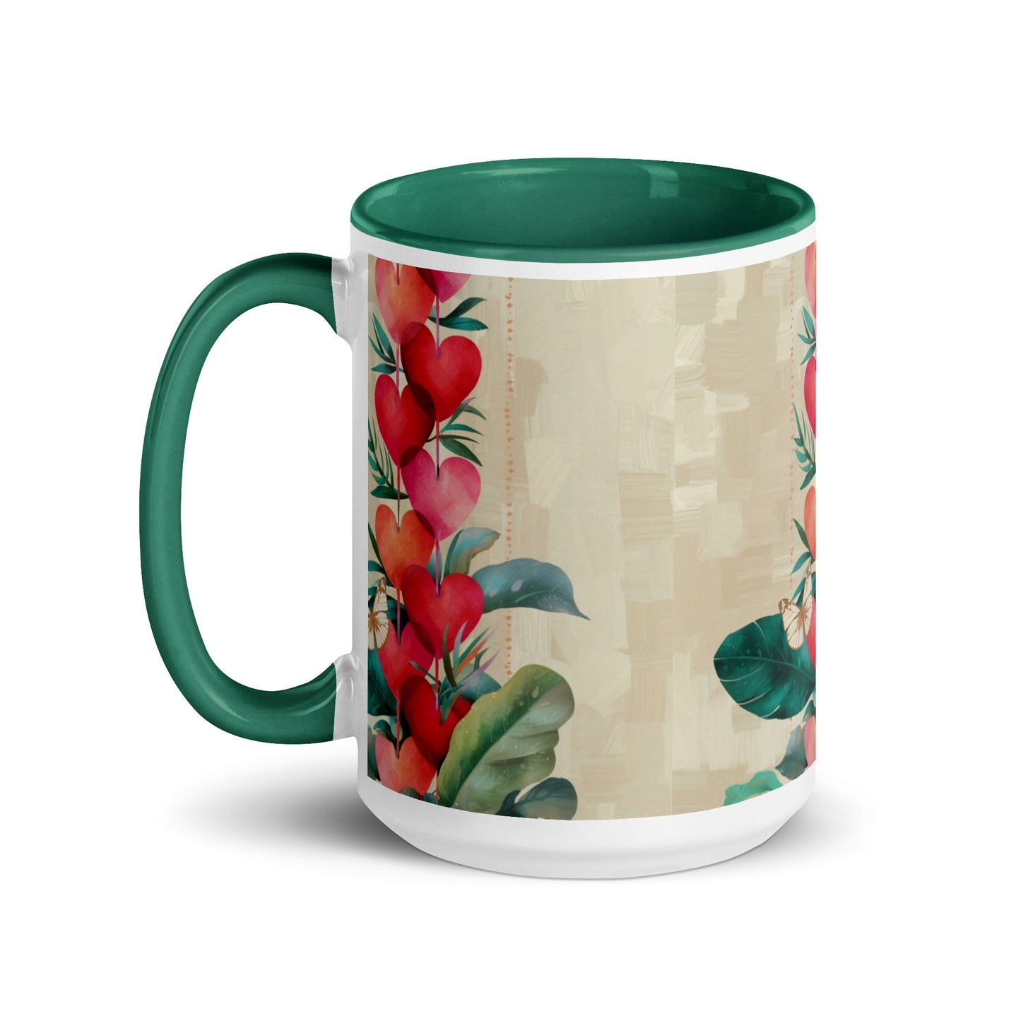 Hearts pattern mug with dark green interior - right side view