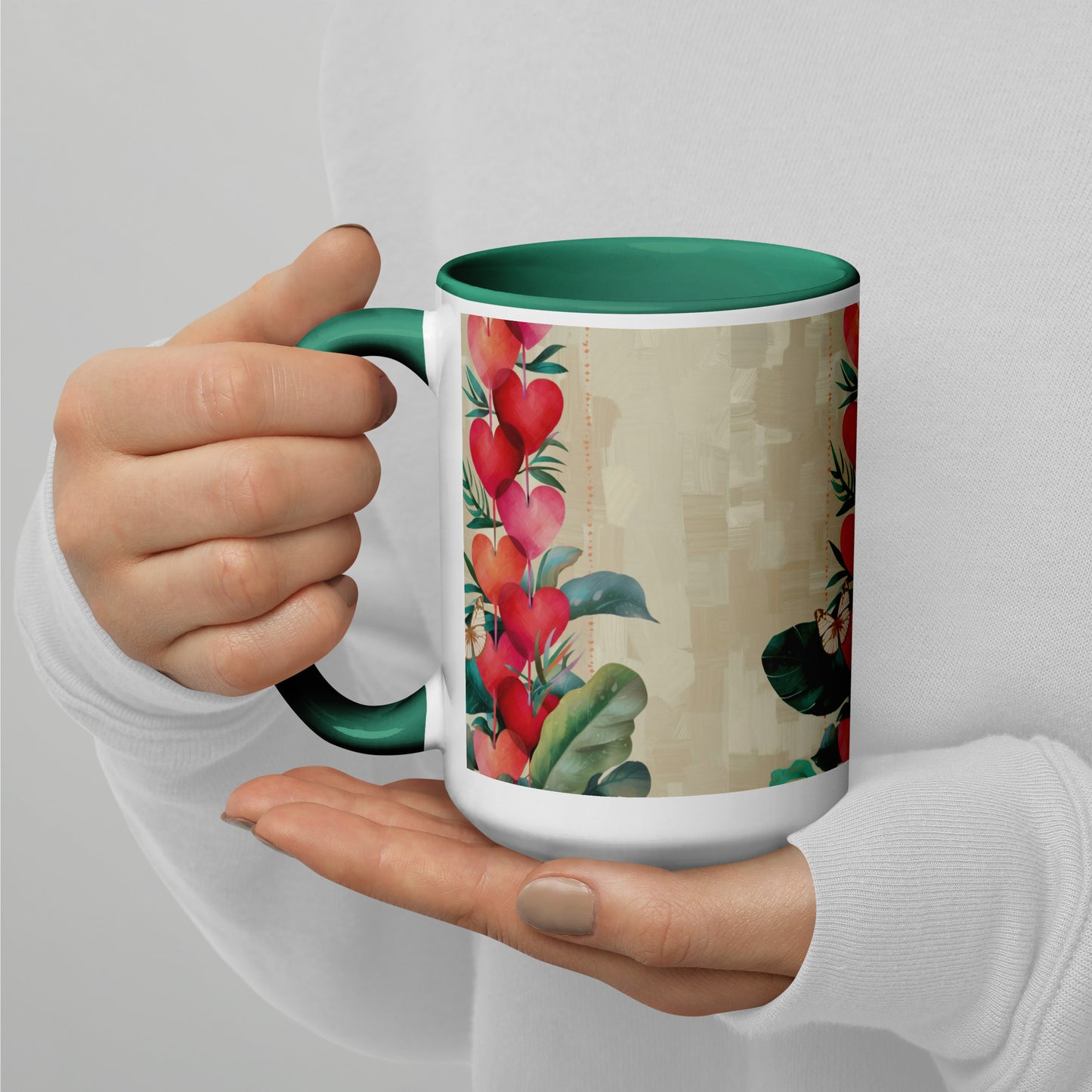Hearts pattern mug with dark green interior 