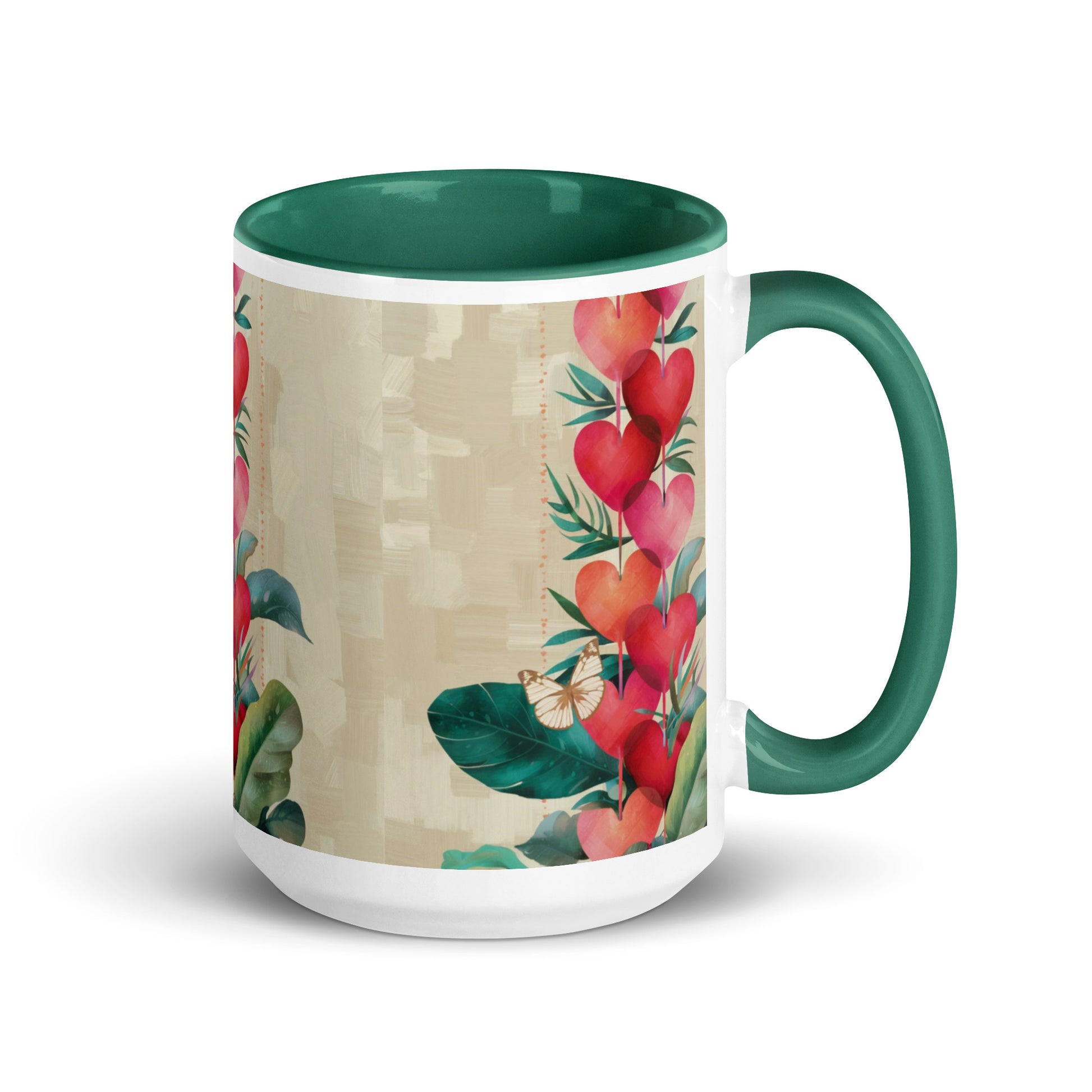 Hearts pattern mug with dark green interior - right side view