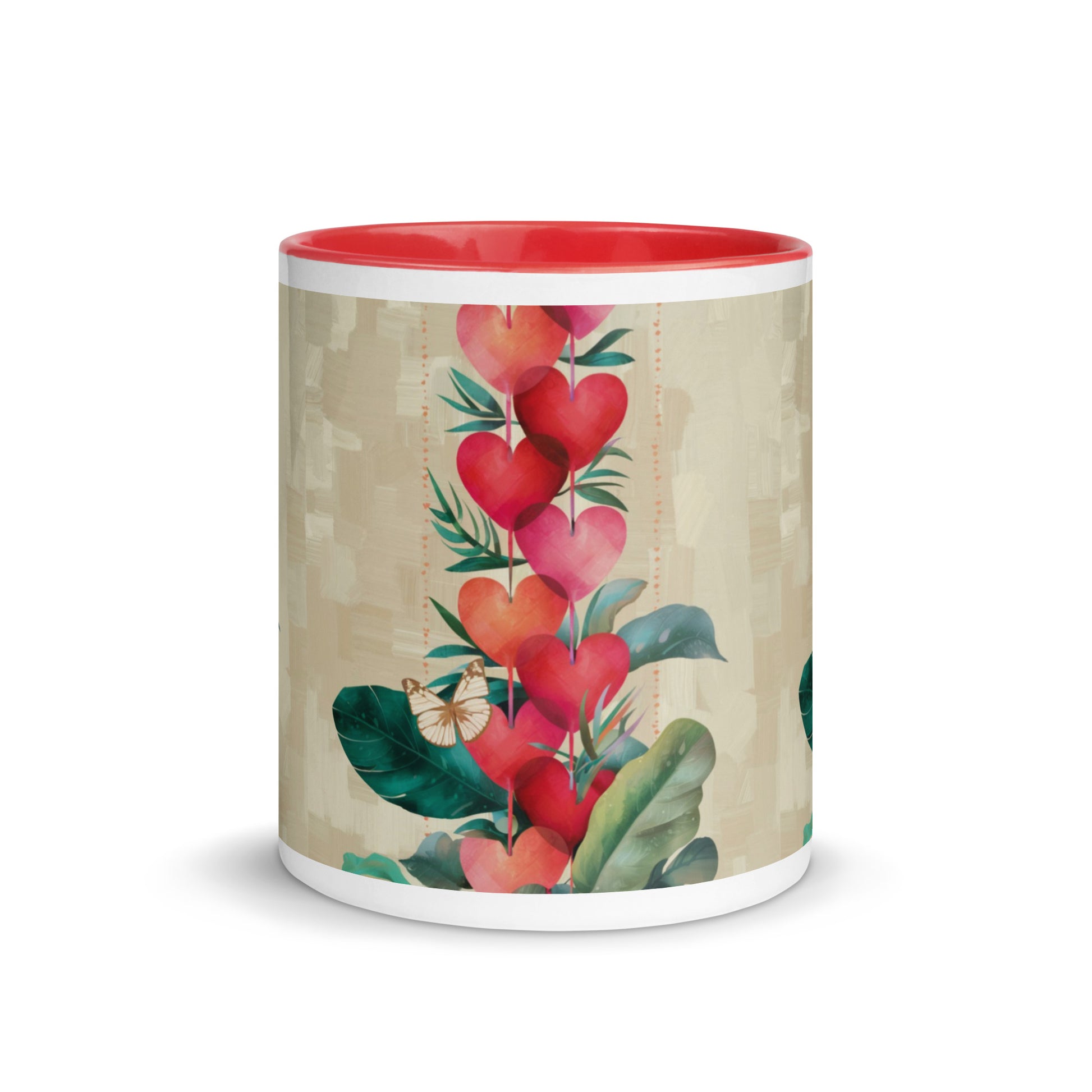 Hearts mug with red interior - front view showing heart pattern design