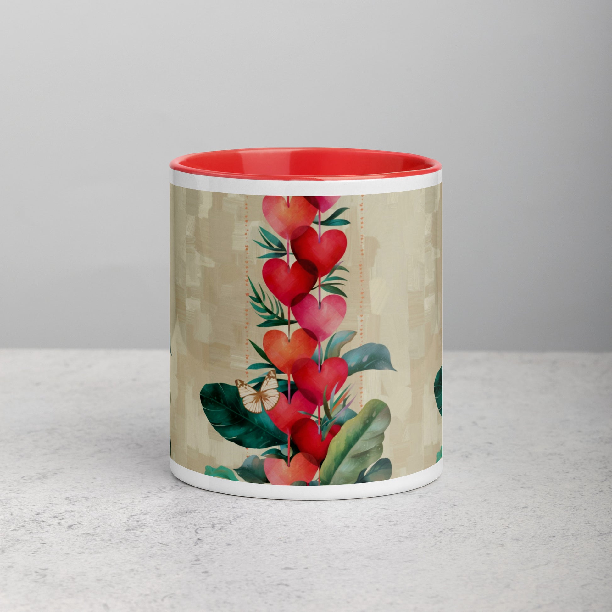 Hearts ceramic mug with red handle and rim