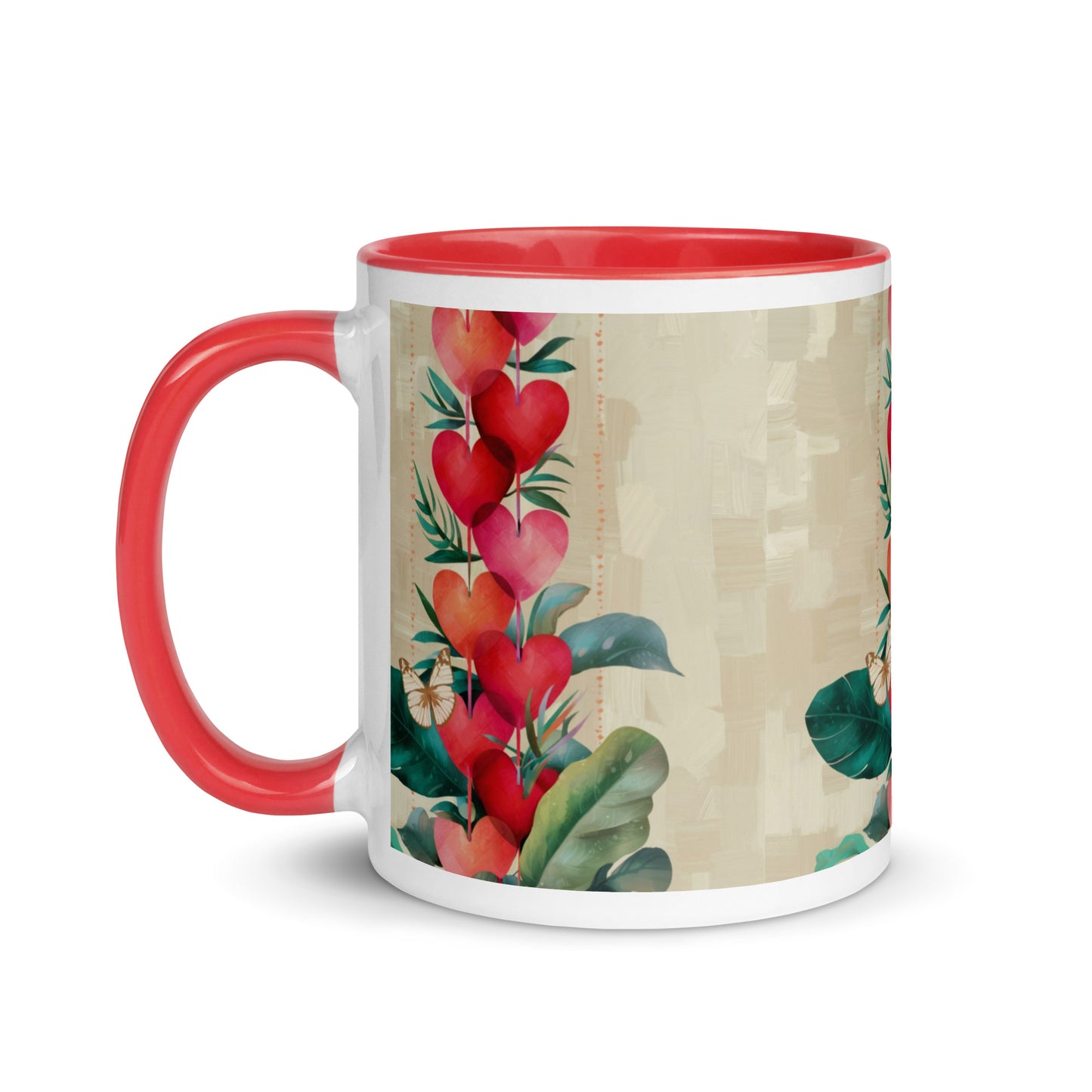 Hearts ceramic mug with red handle and rim - side view