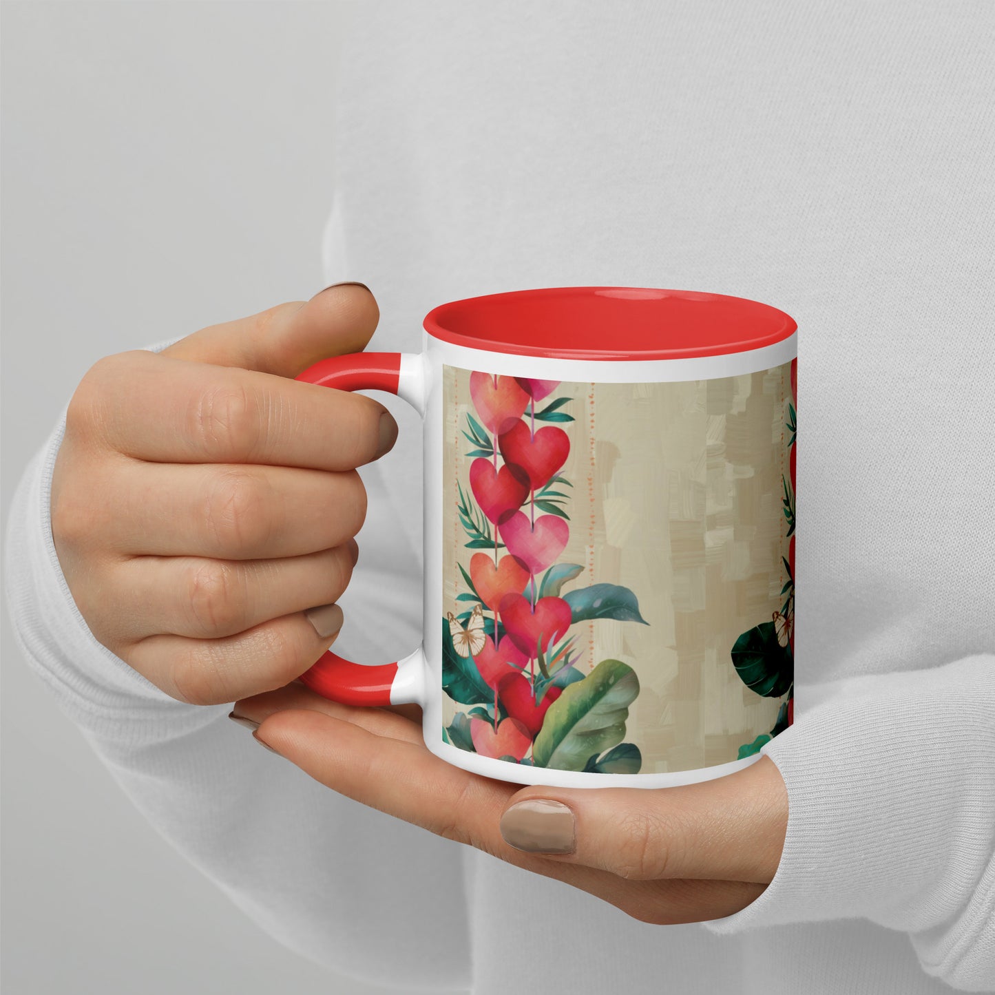 White ceramic mug with red hearts pattern, red colored inside and handle, 11 oz"
