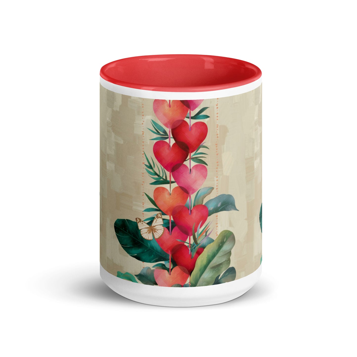 Large 15 oz hearts ceramic mug with red colored inside - front view