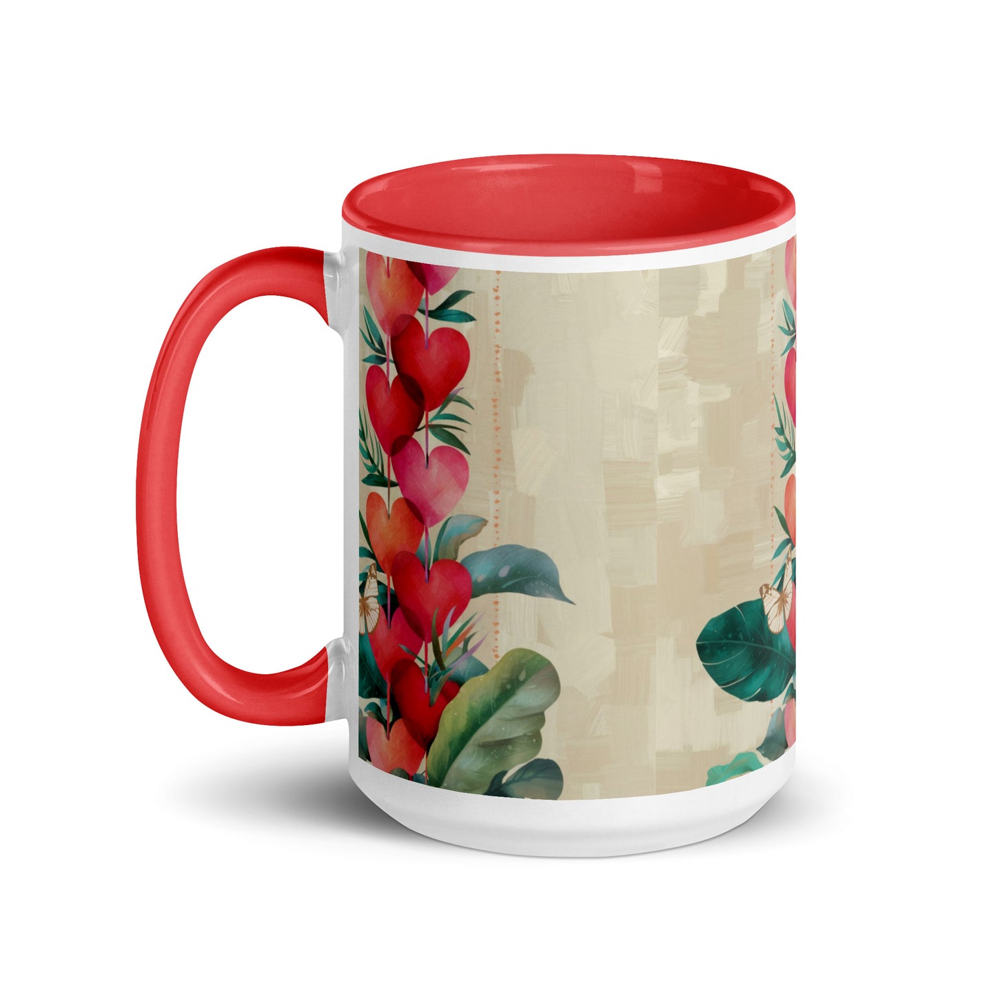 Hearts ceramic mug with red handle and rim