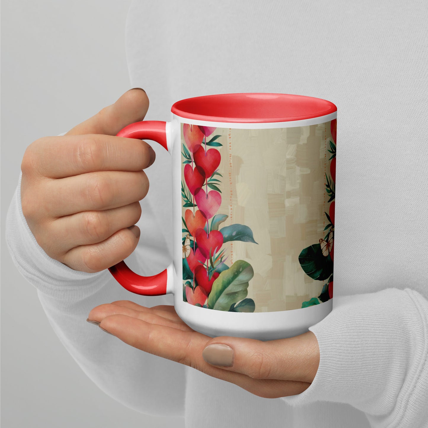 Hearts ceramic mug with red handle and rim