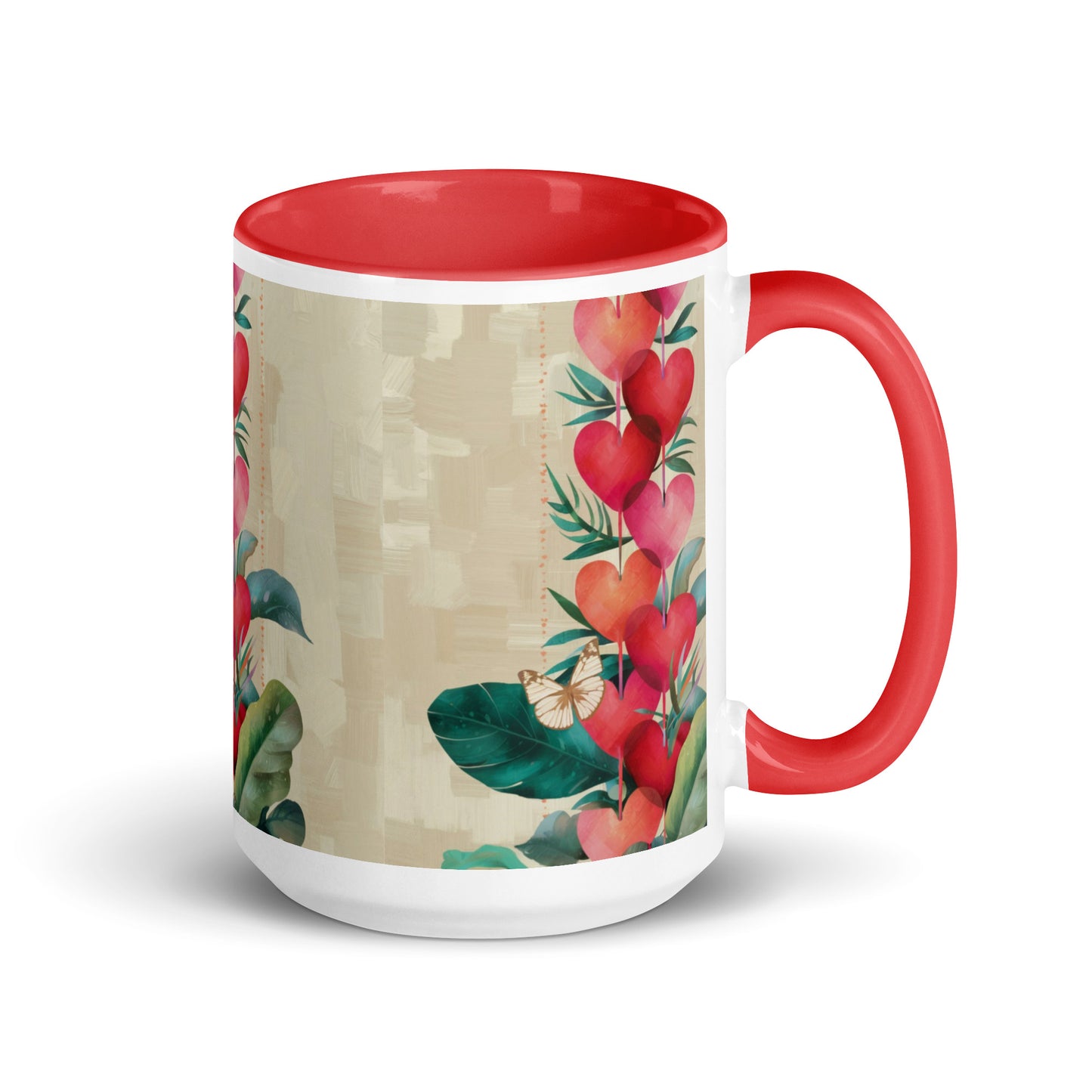 Hearts ceramic mug with red handle and rim