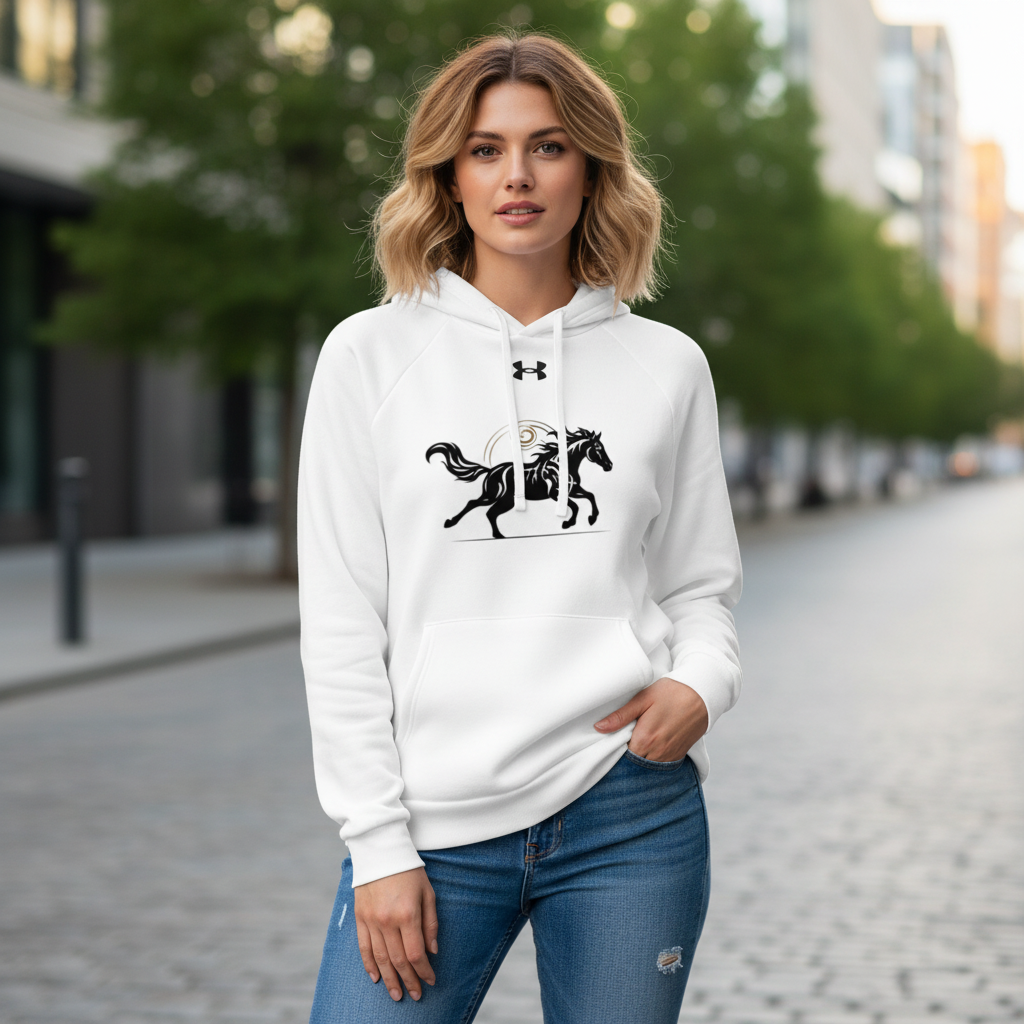 Woman wearing grey Under Armour hoodie with original Wild Horse design - Premium branded sportswear with running horse motif