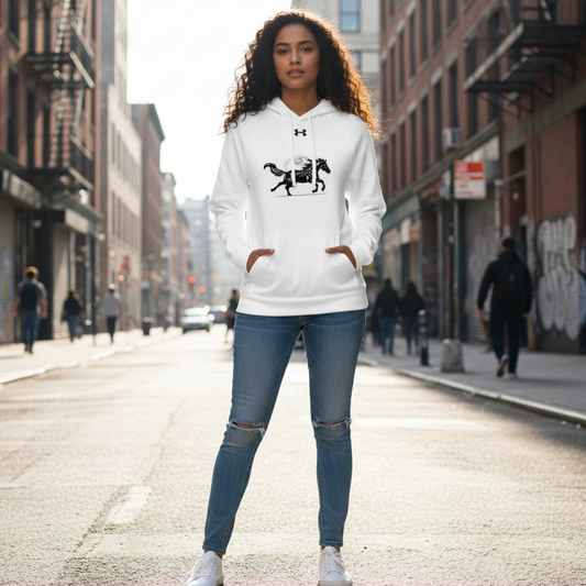 Woman wearing grey Under Armour hoodie with original Wild Horse design - Premium branded sportswear with running horse motif