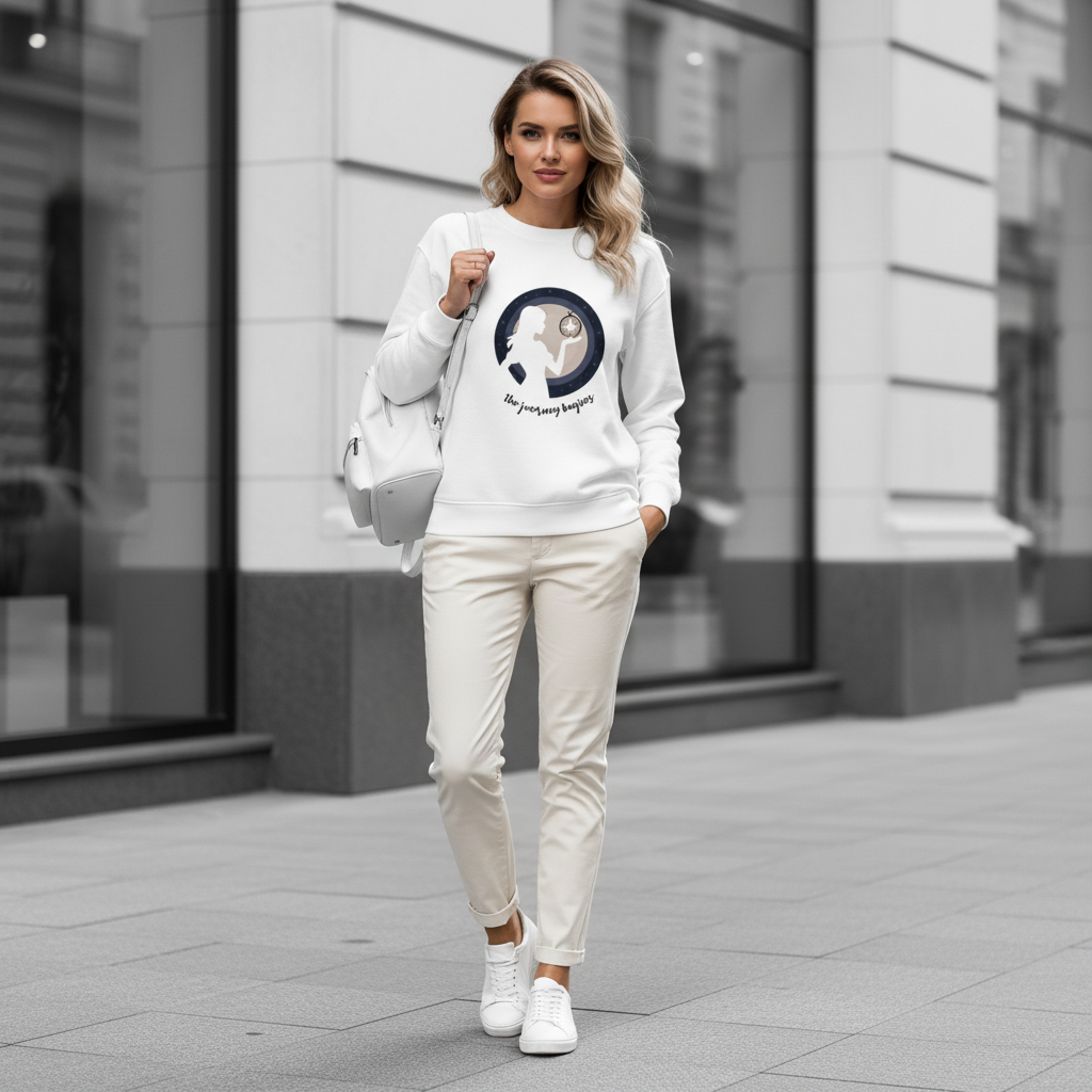 White journey begins sweatshirt cream white tapered chino pants white sneakers white backpack monochromatic chic
