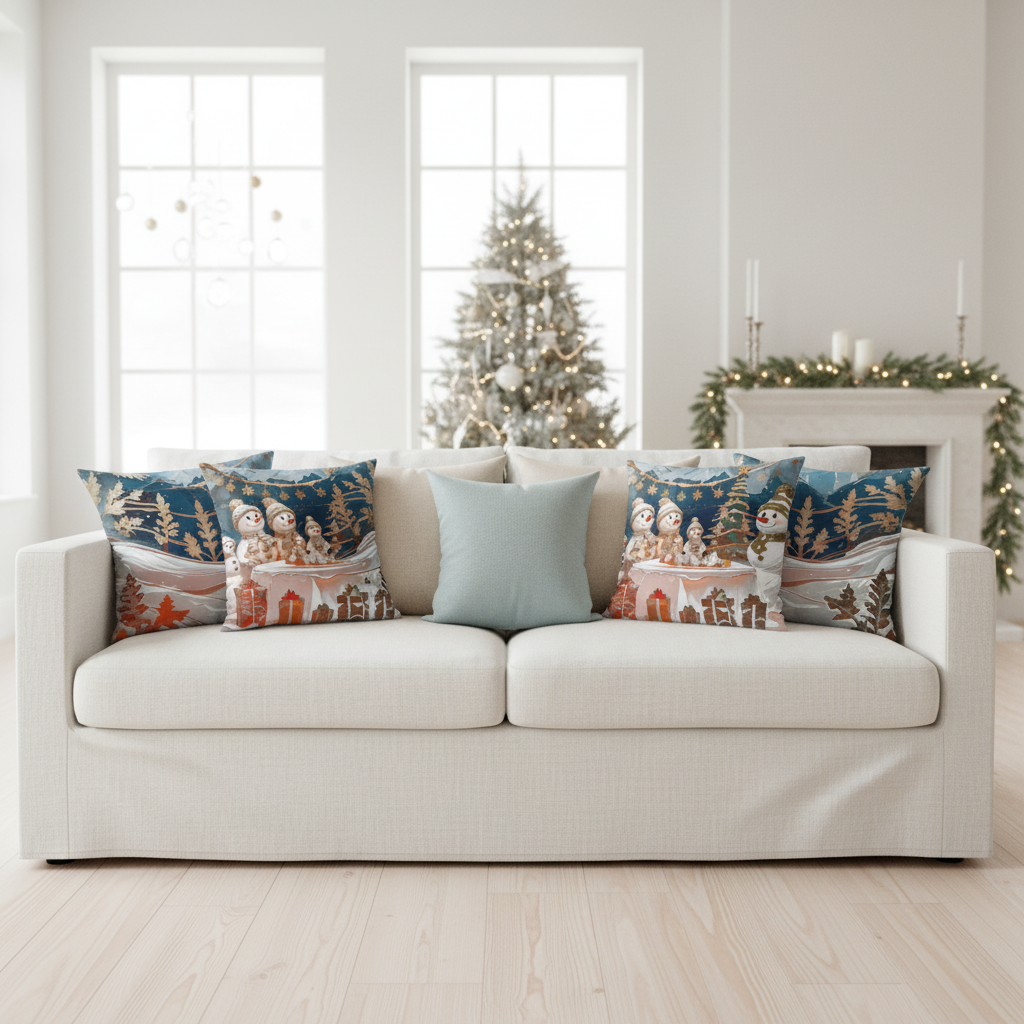 White Living Room Sofa with Multiple Snowman Pillows - Both Designs
