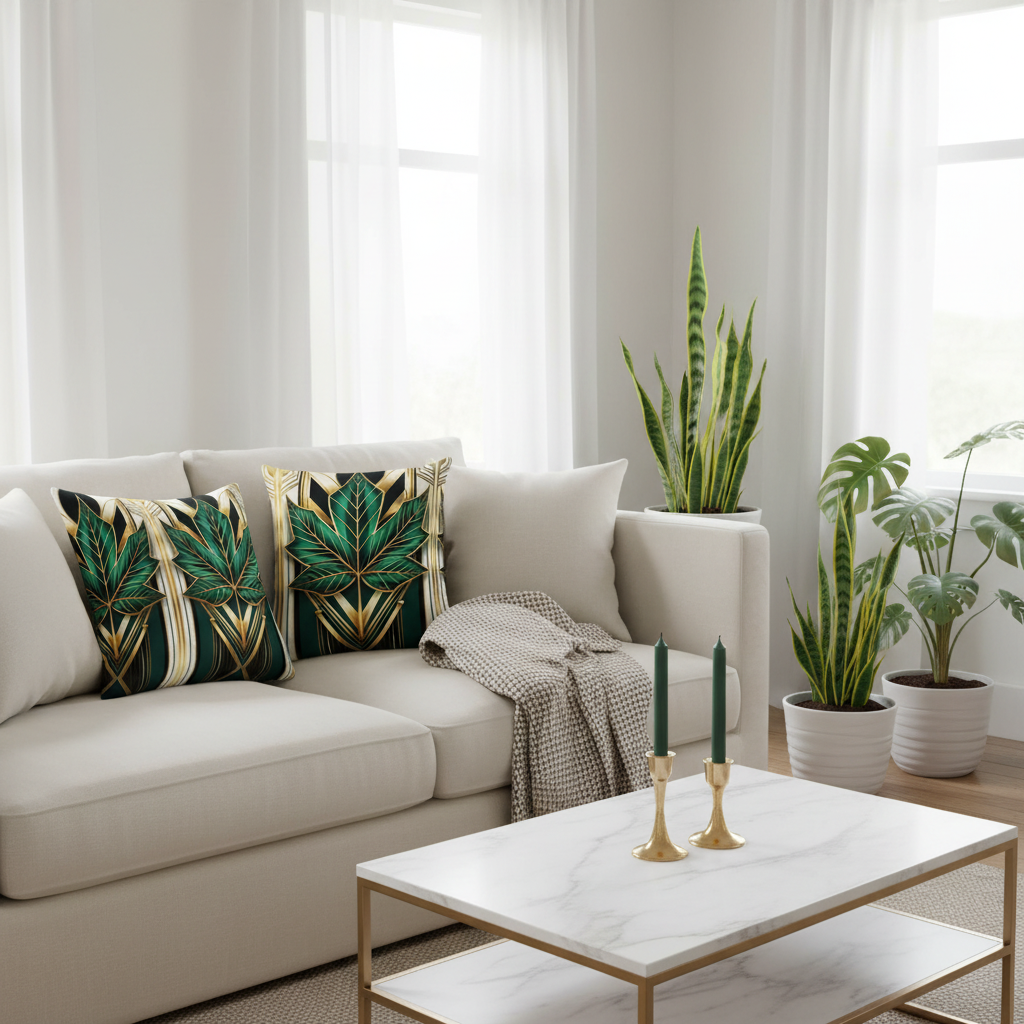 White living room with art deco pillows