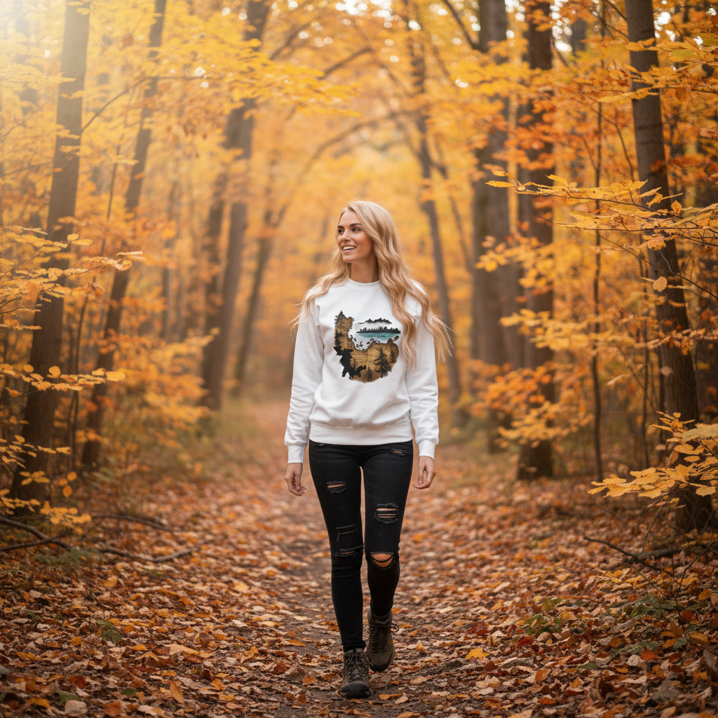 White sweatshirt autumn forest golden leaves hiking