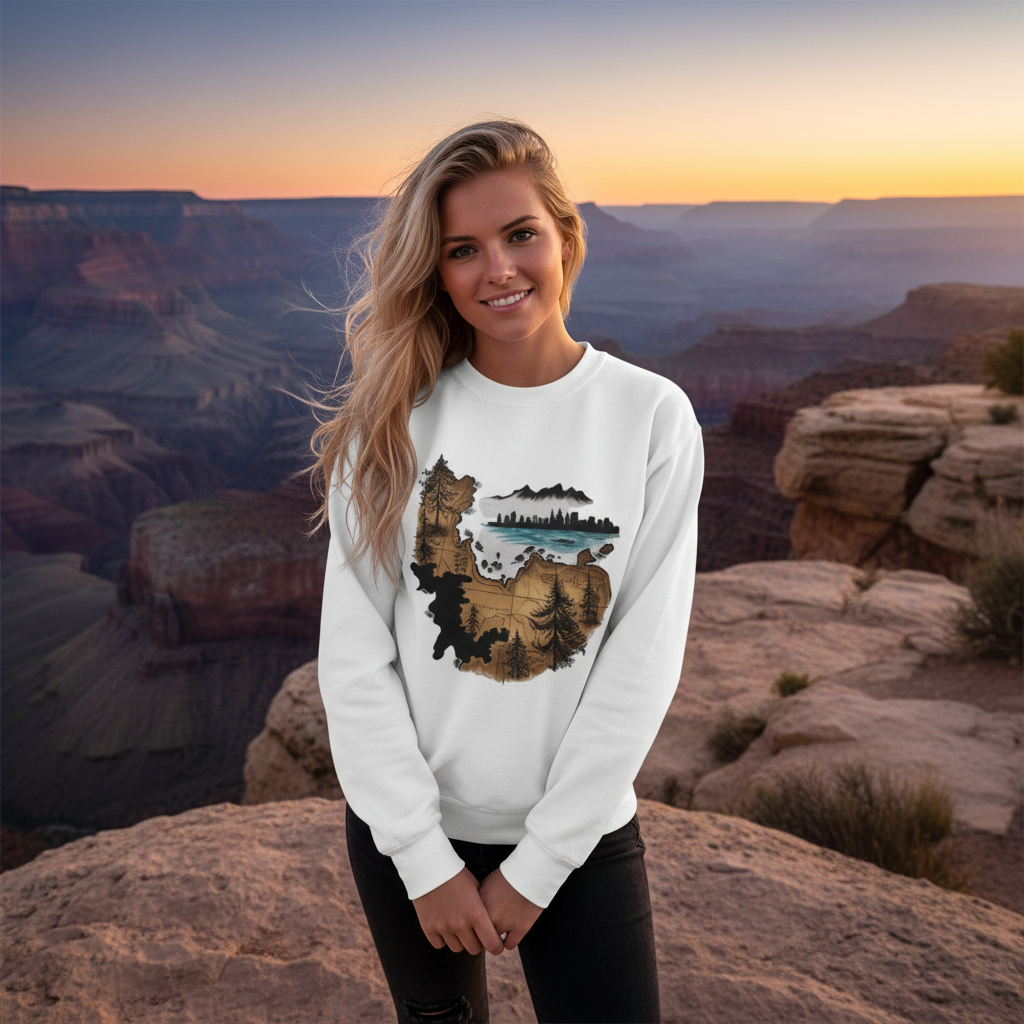 White sweatshirt canyon overlook dramatic rock formations golden hour