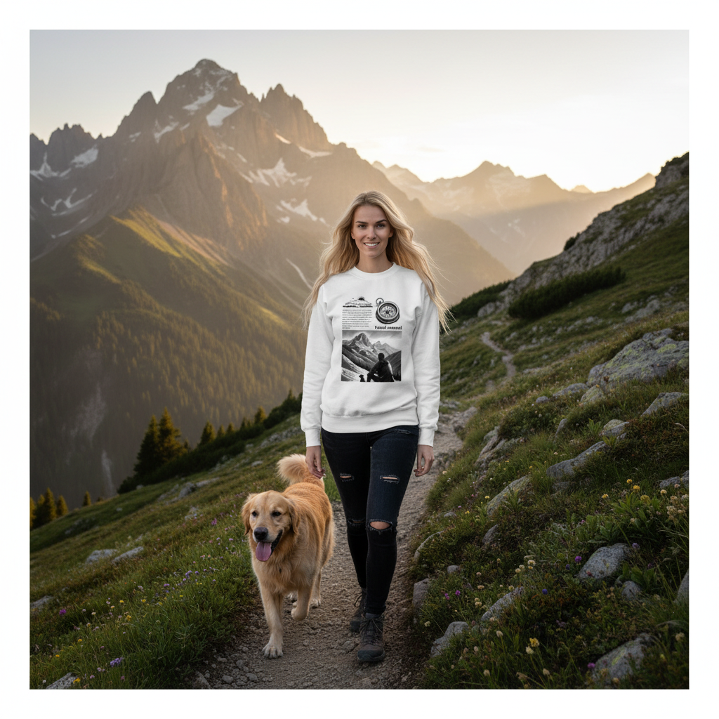 White Travel Journal sweatshirt hiking with golden retriever in mountains