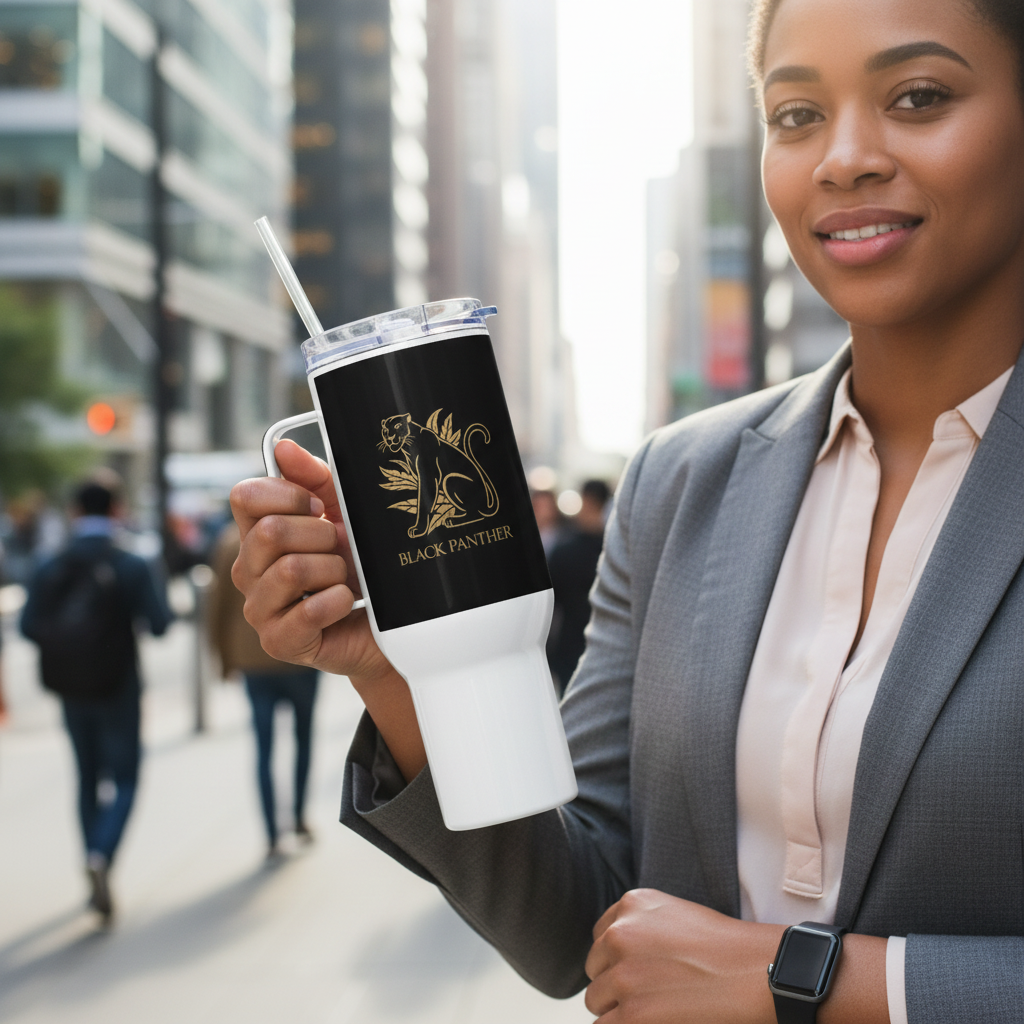 White travel mug with gold Black Panther design in square lifestyle photo