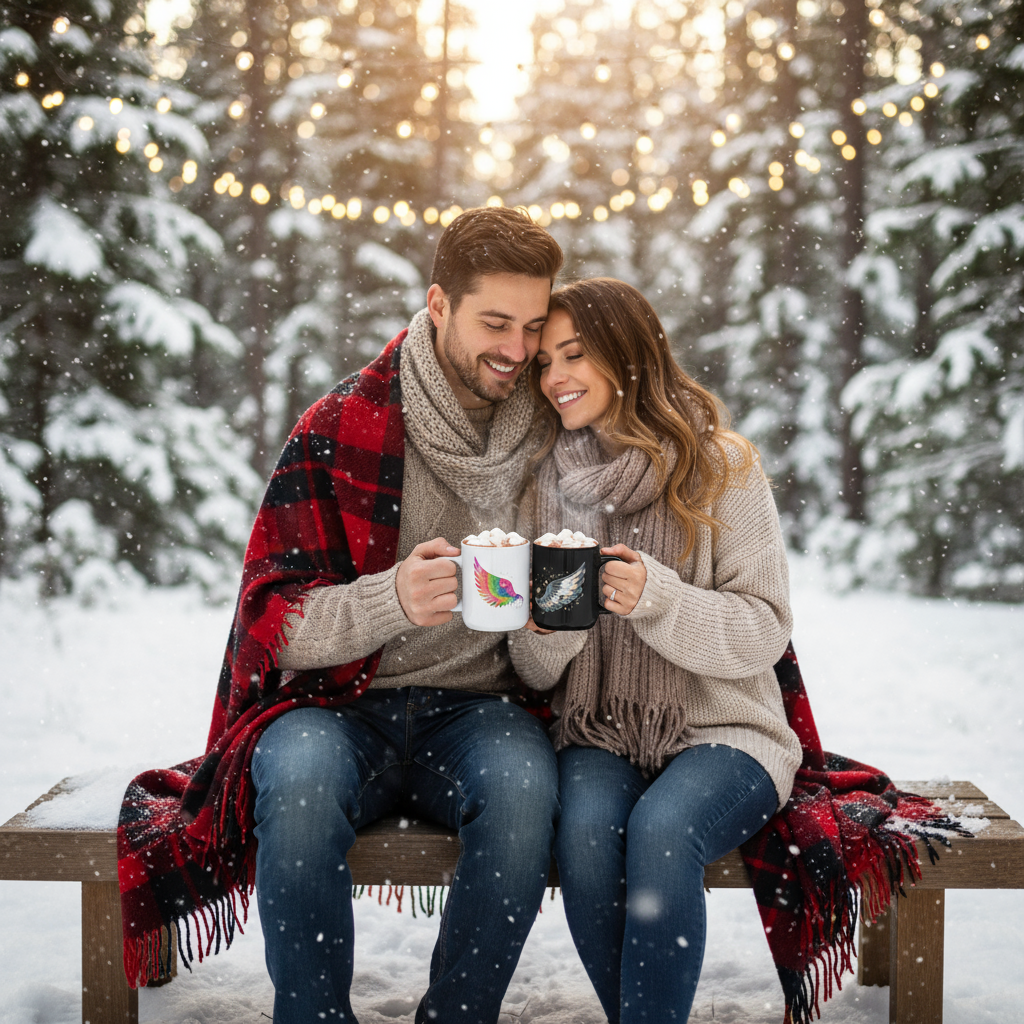 White Wing & Black Night Wing Mugs - Romantic Winter Scene