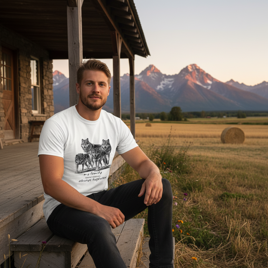 White wolf pack t-shirt blonde man Canadian farmhouse porch